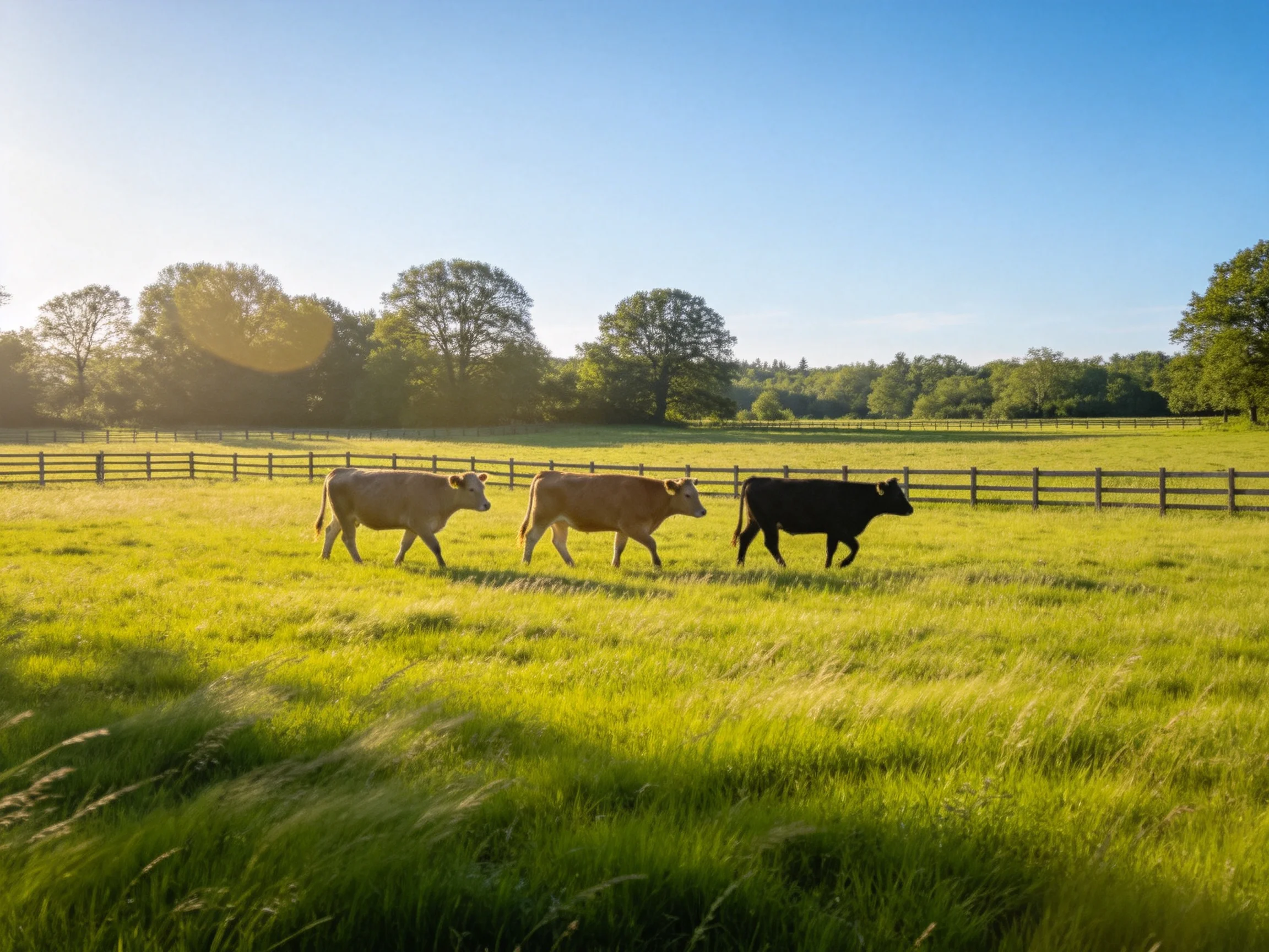 Three cows in varied hues walk through a sunlit green pasture