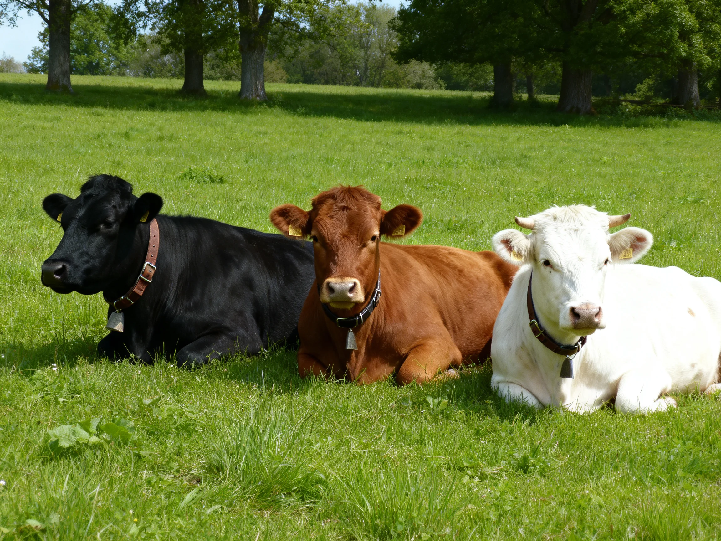 Three cows of black, brown, and white rest in a lush green pasture