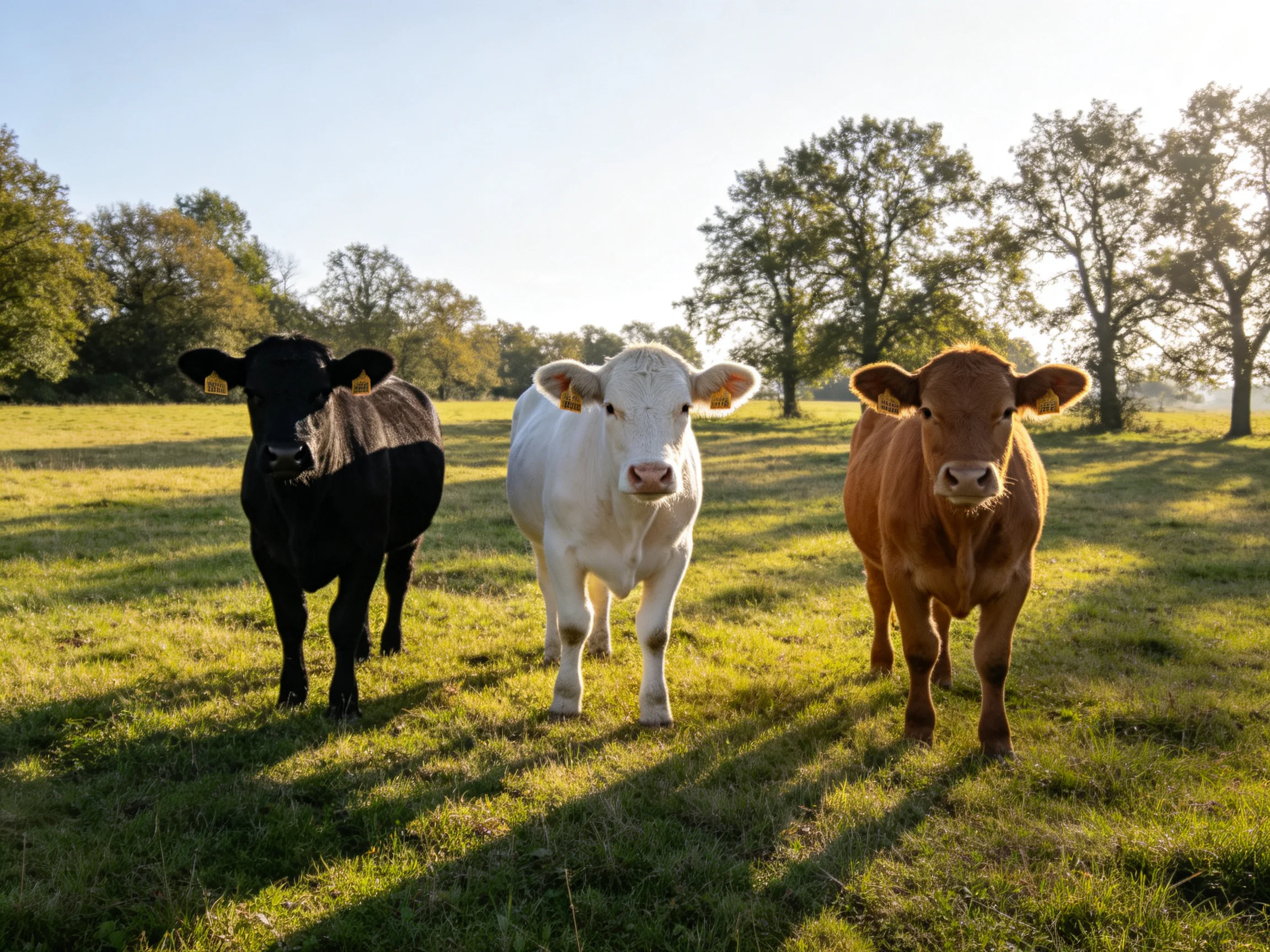 Three cows of varying colors gather in a sunlit pasture.