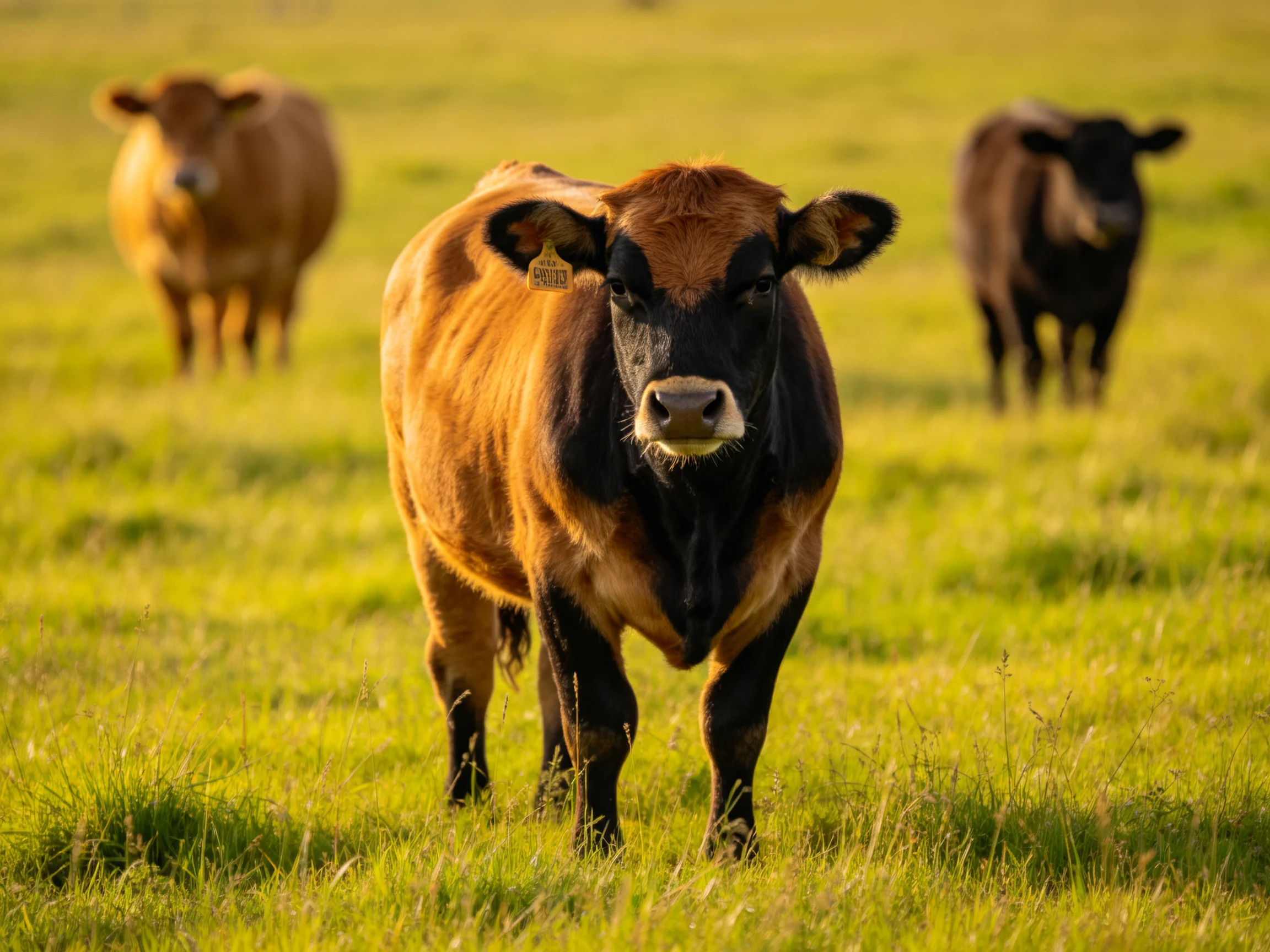 Three cows of varying colors graze in a sunlit green pasture.