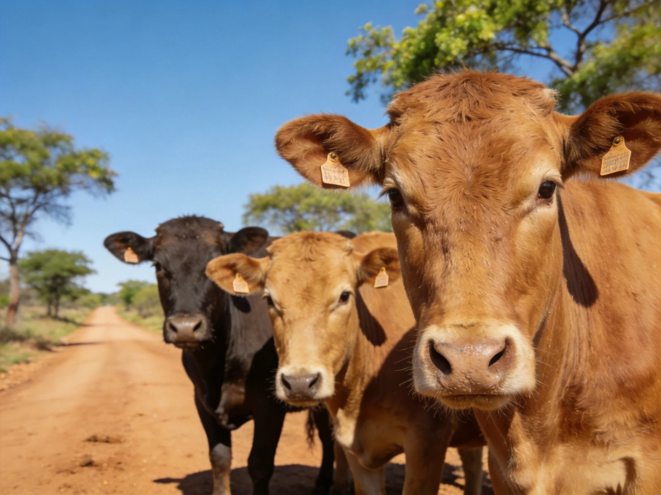 Three cows of brown, black, and tan hues stand on a dusty rural road