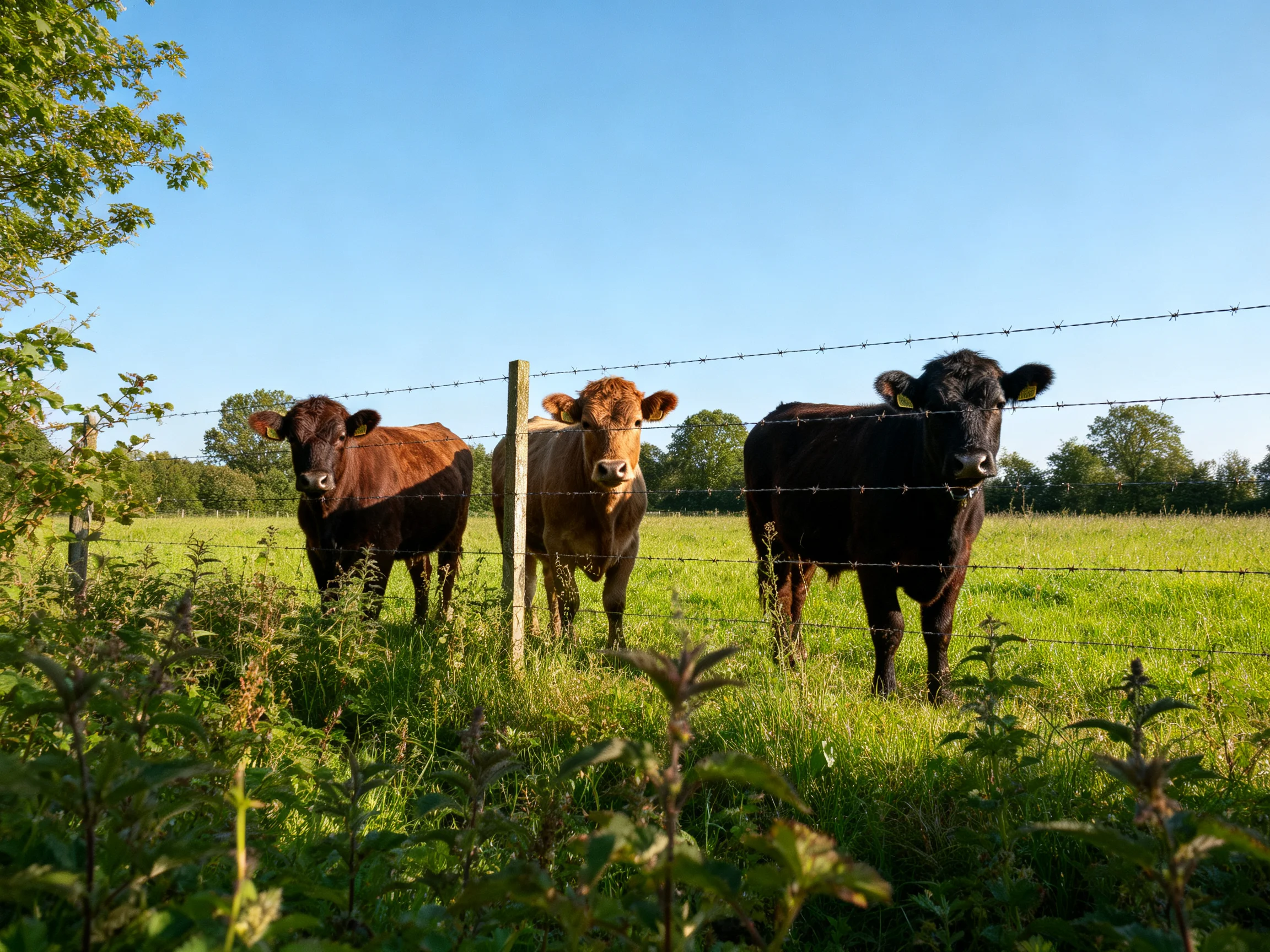Three cows of different colors gather near a barbed wire fence in a sunlit green field