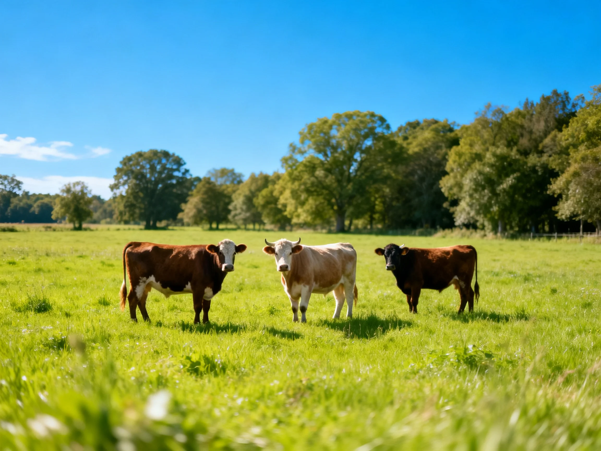 Three cows of brown, white, and black graze in a bright green pasture