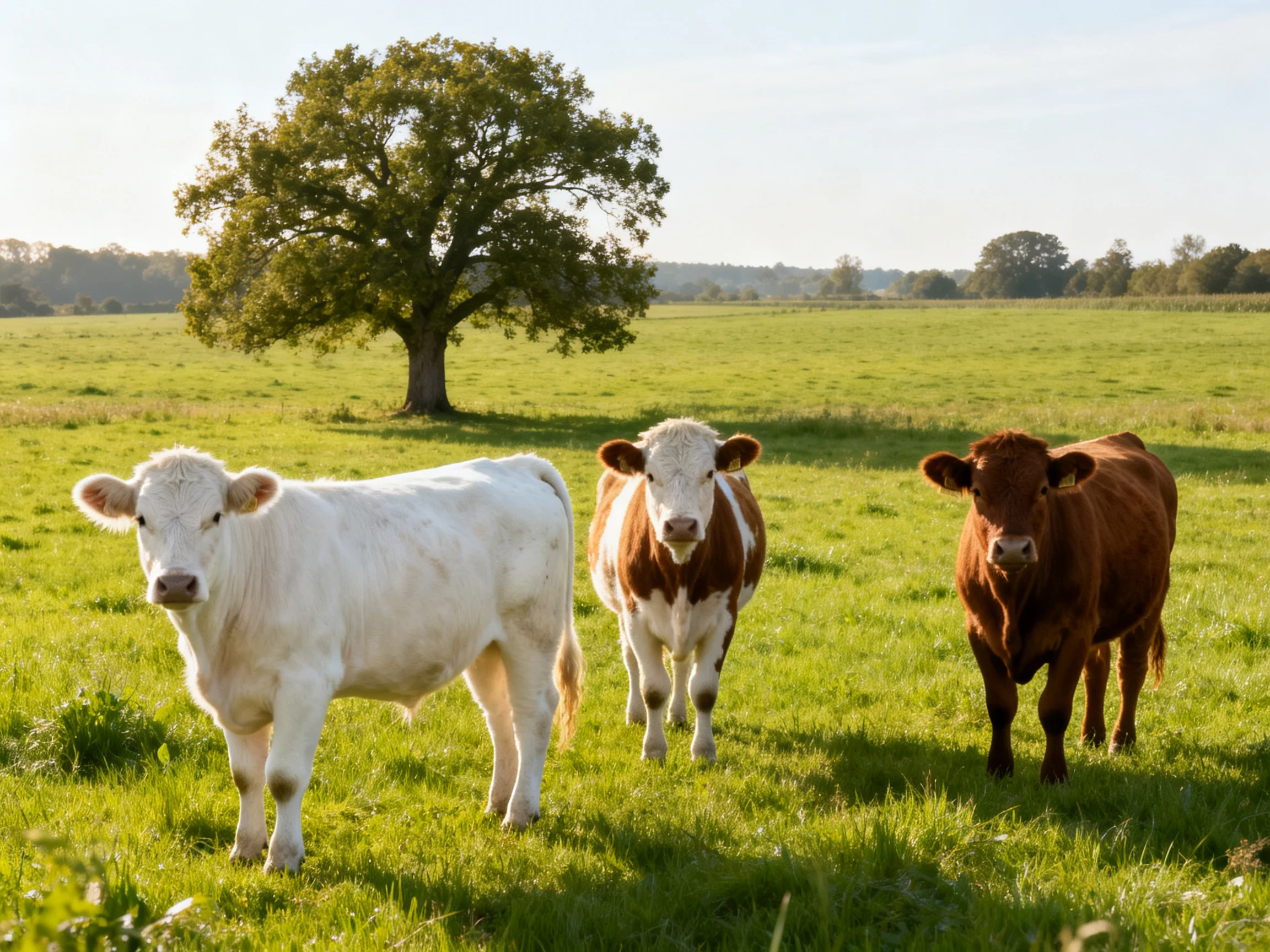 Three cows of varied colors in a sunlit meadow with a large tree