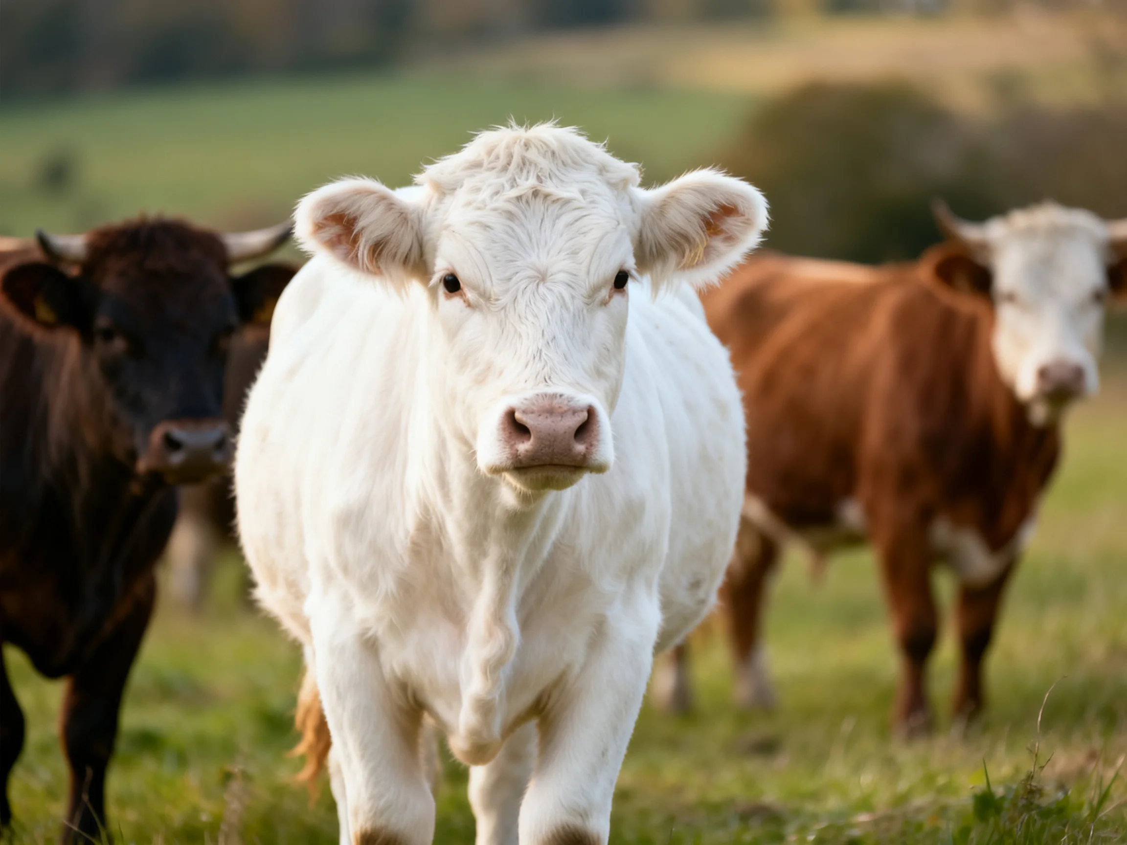 Three cows of varied colors in a sunlit pasture