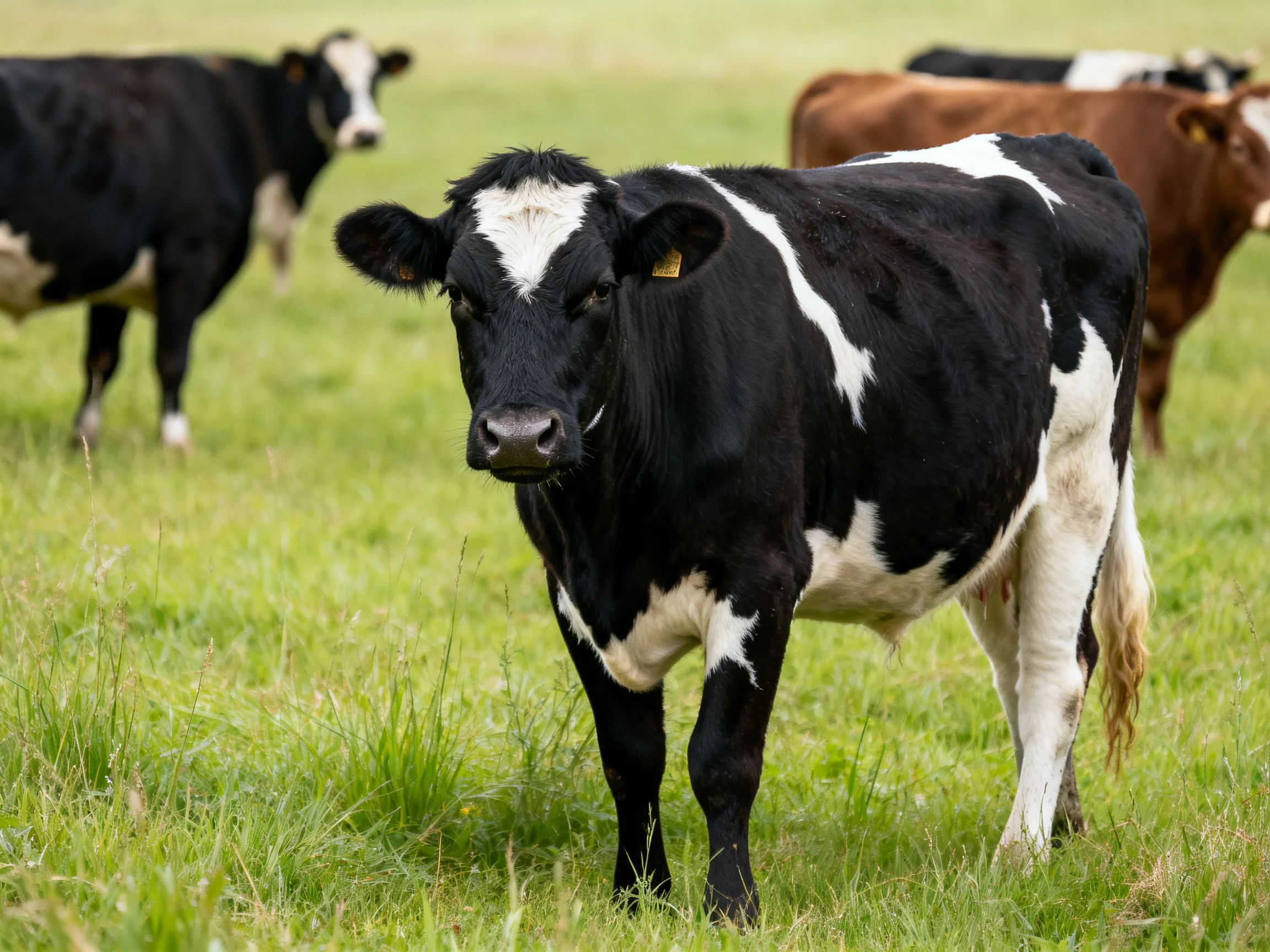 Three cows of varied hues graze in a lush green pasture