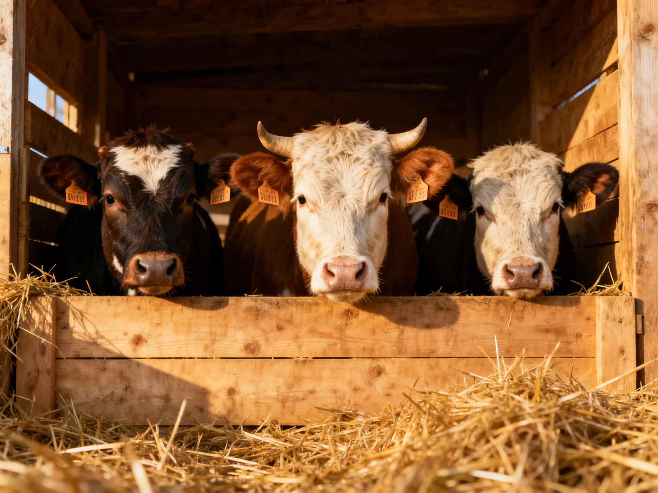 Three cows of varied hues rest in a wooden enclosure with straw