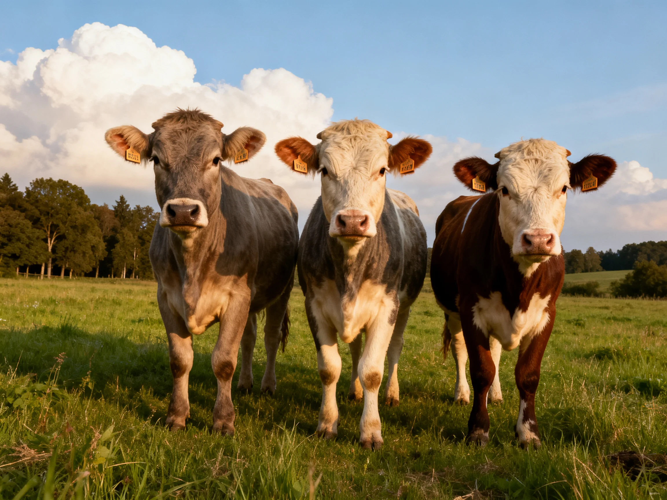 Three cows of varied hues stand in a sunlit green pasture