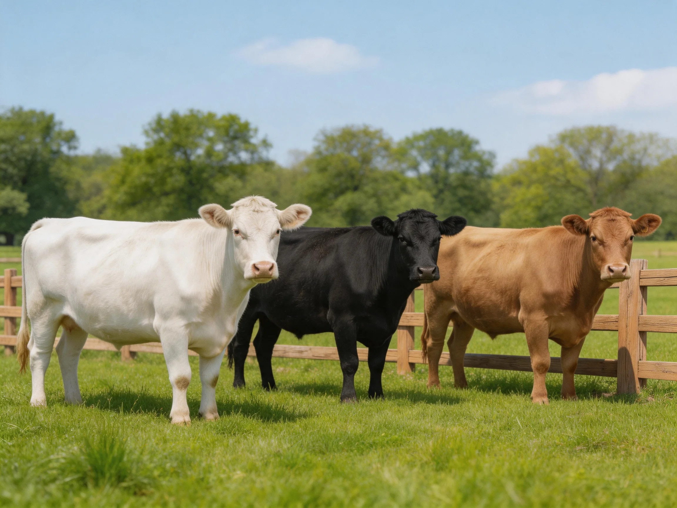 Three cows of different colors gather in a sunny pasture next to a wooden fence.