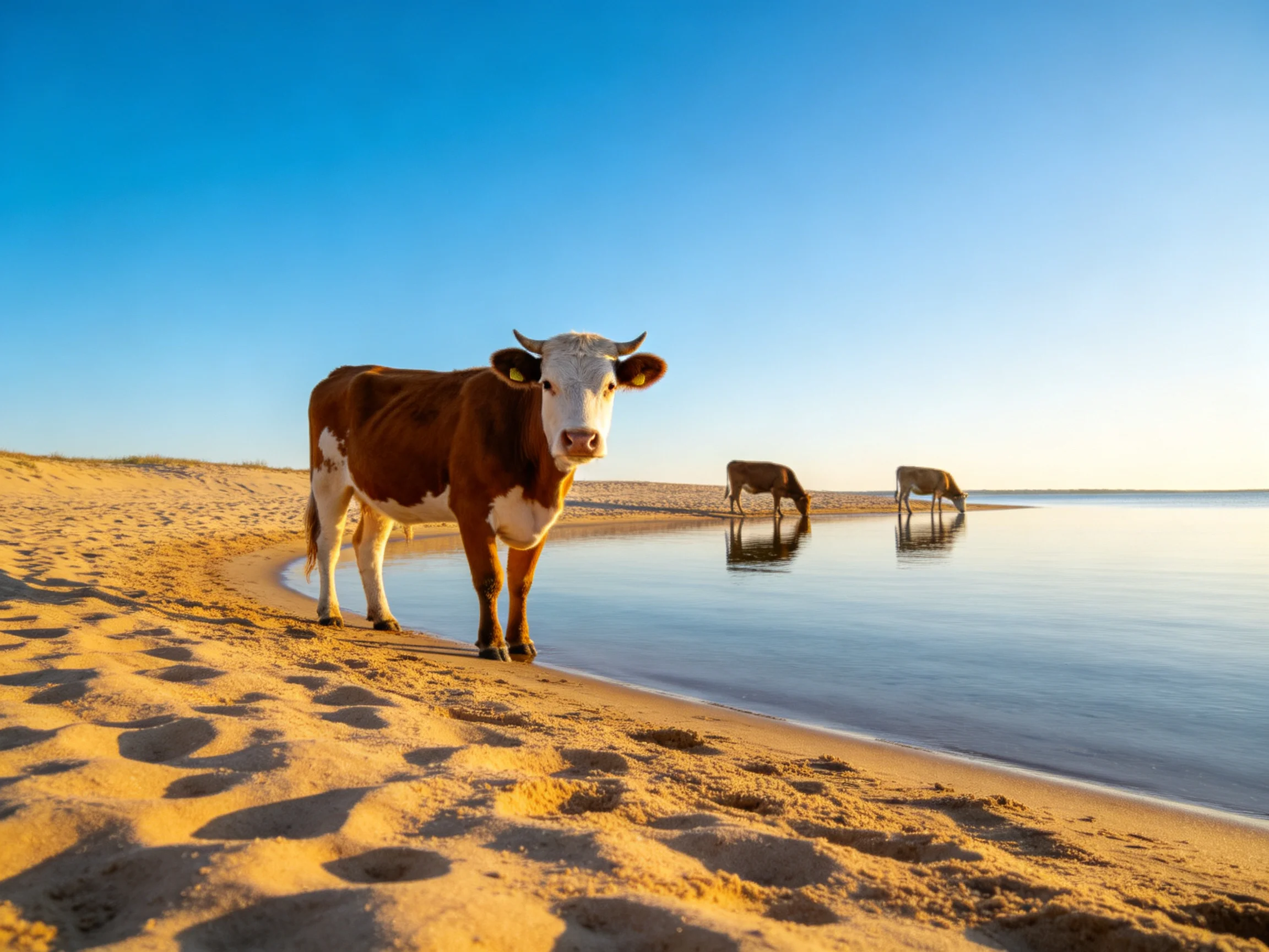 Three cows on a golden sandy beach by calm waters under bright blue sky