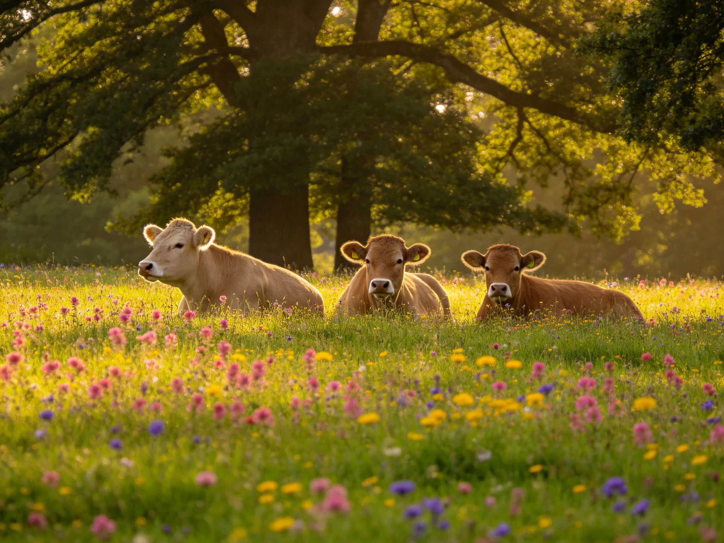 Three cows relax among vibrant wildflowers and ancient trees