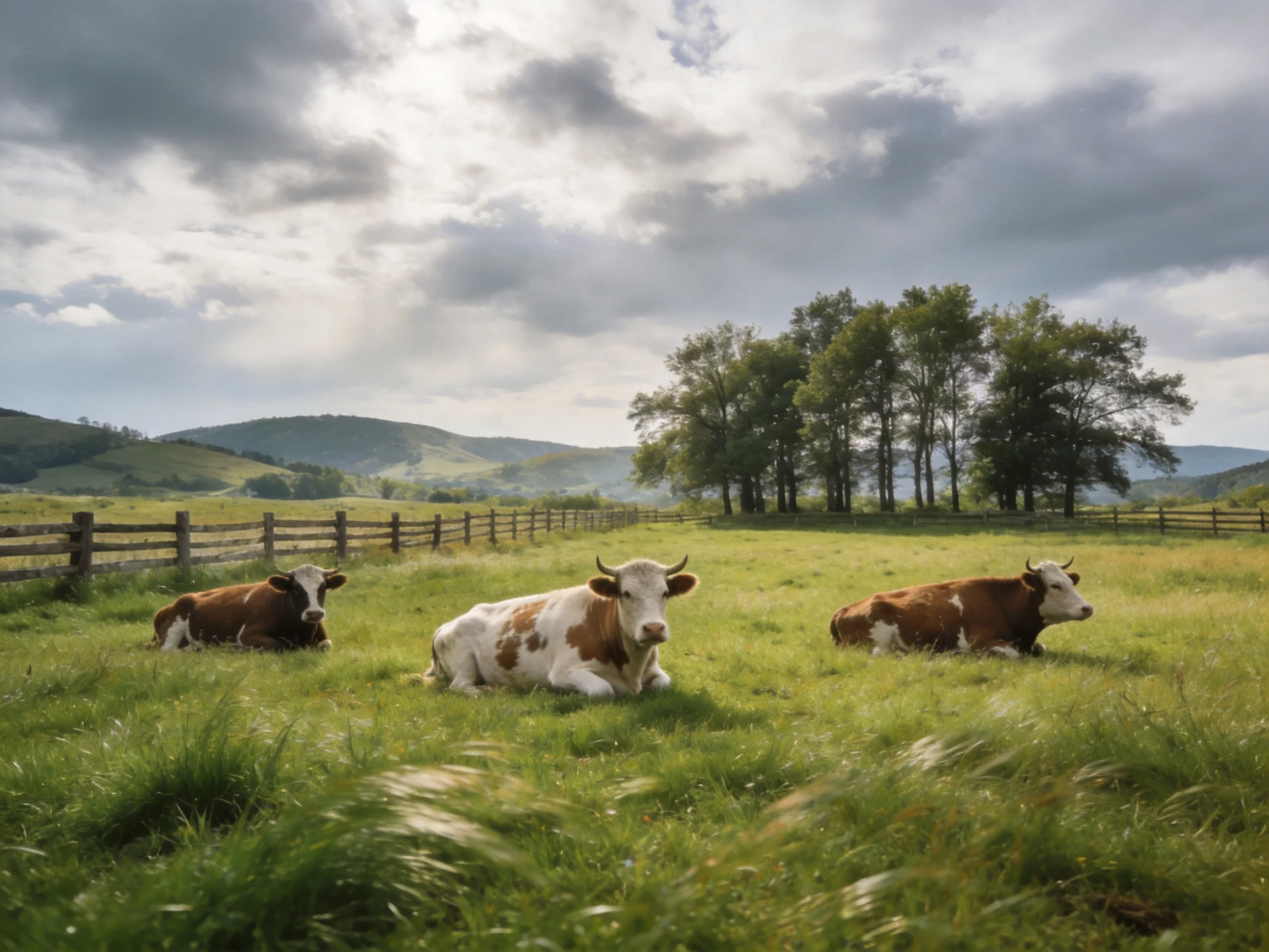 Three cows rest in a lush green pasture near tall trees