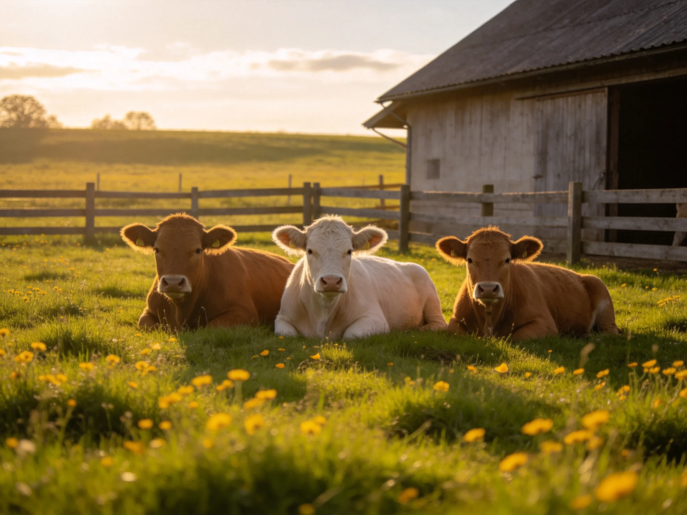 Three cows rest in a sunlit meadow near an old wooden barn