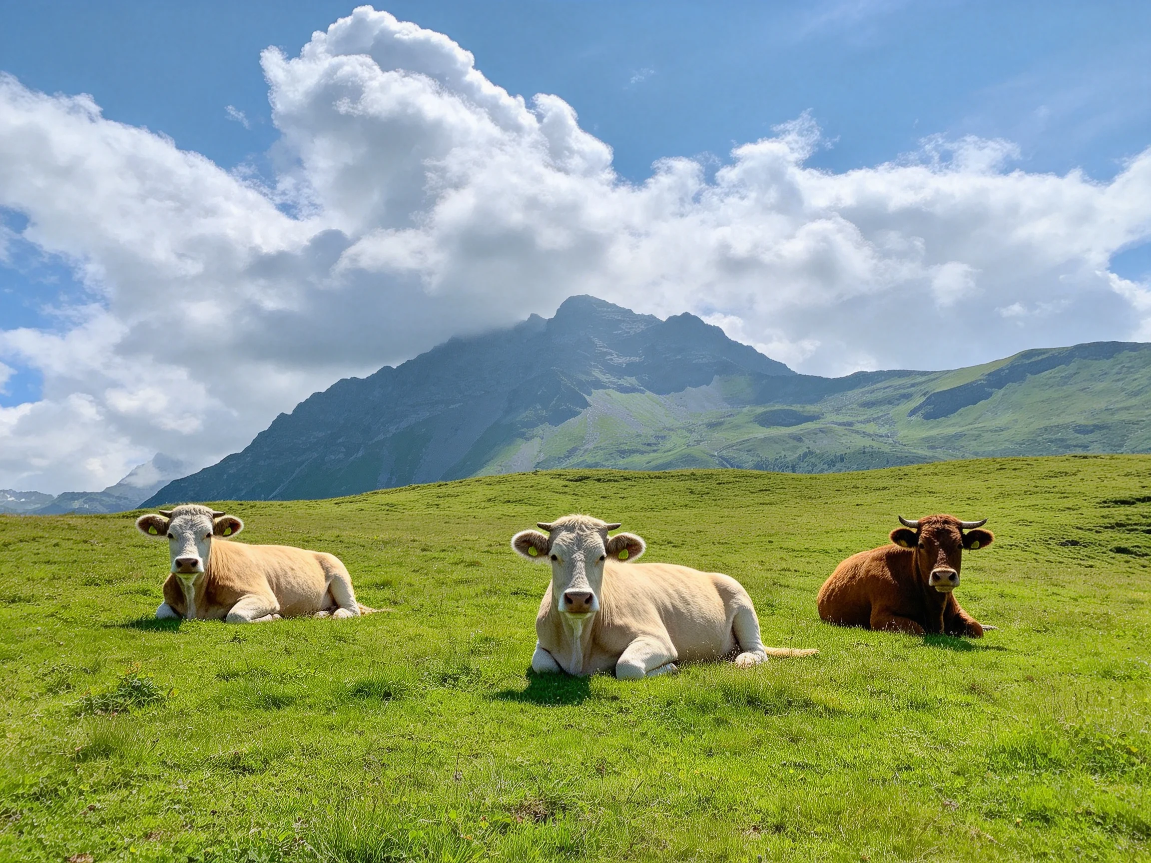 Three cows rest on a lush green meadow near a towering mountain