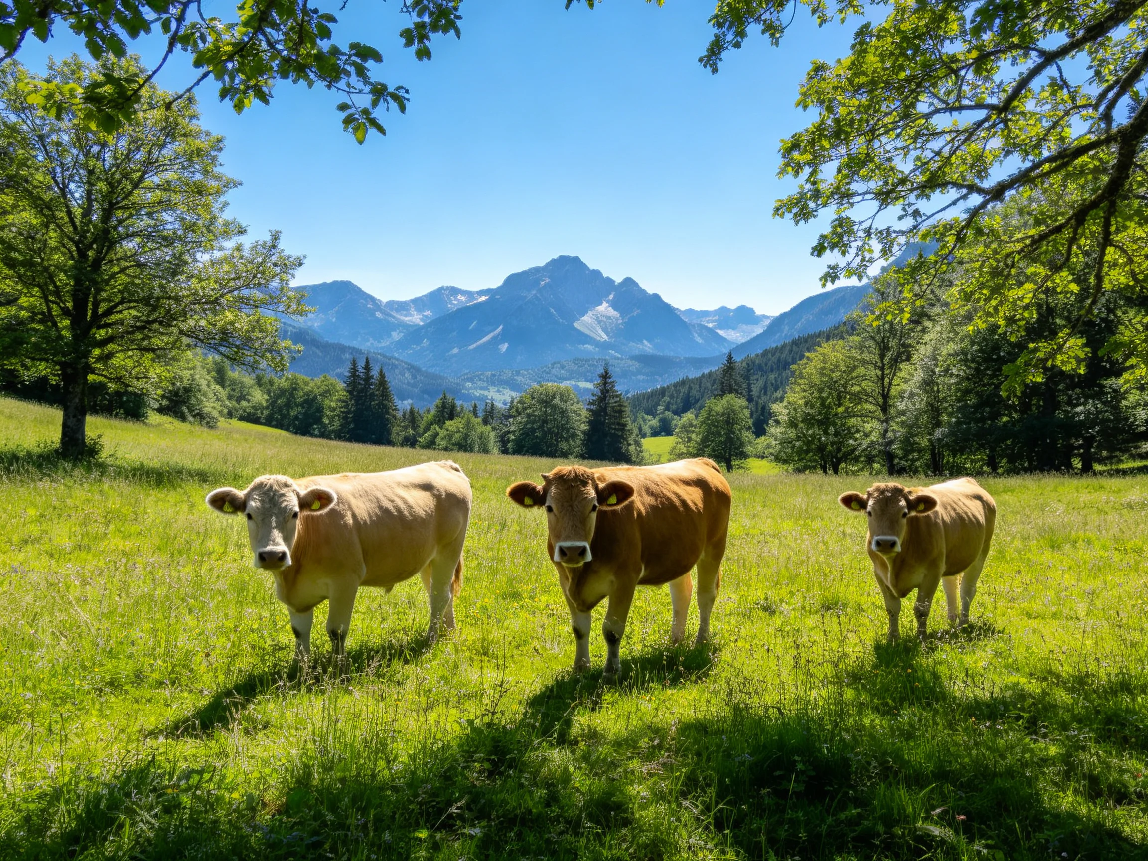 Three cows graze in a sunlit green pasture with distant mountains.