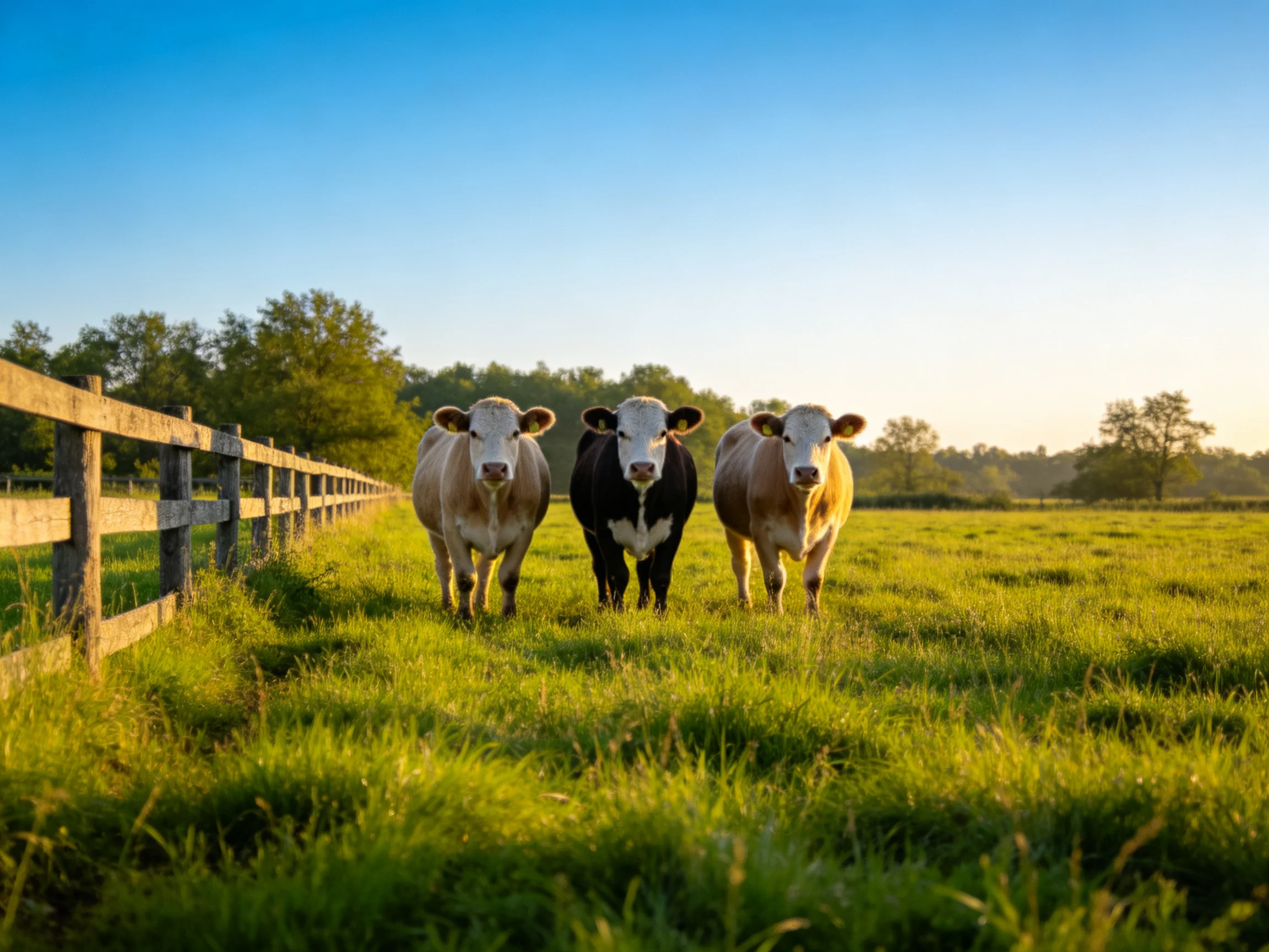 Three cows move through a sunlit green pasture next to a wooden fence