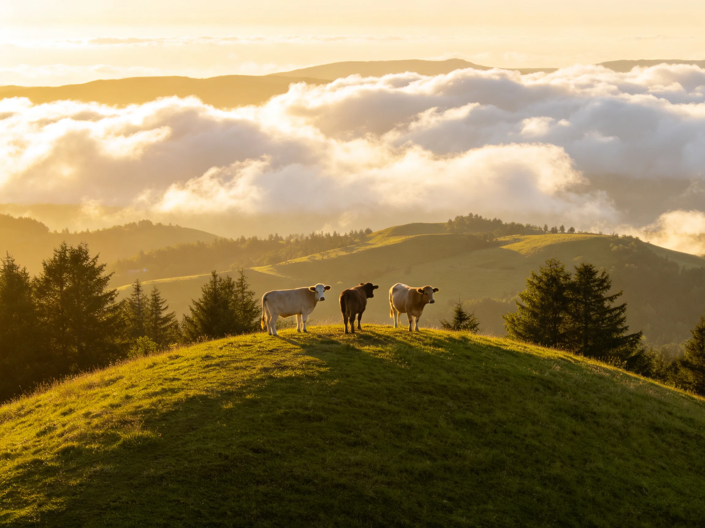 Three cows stand on a grassy hill with misty mountain scenery