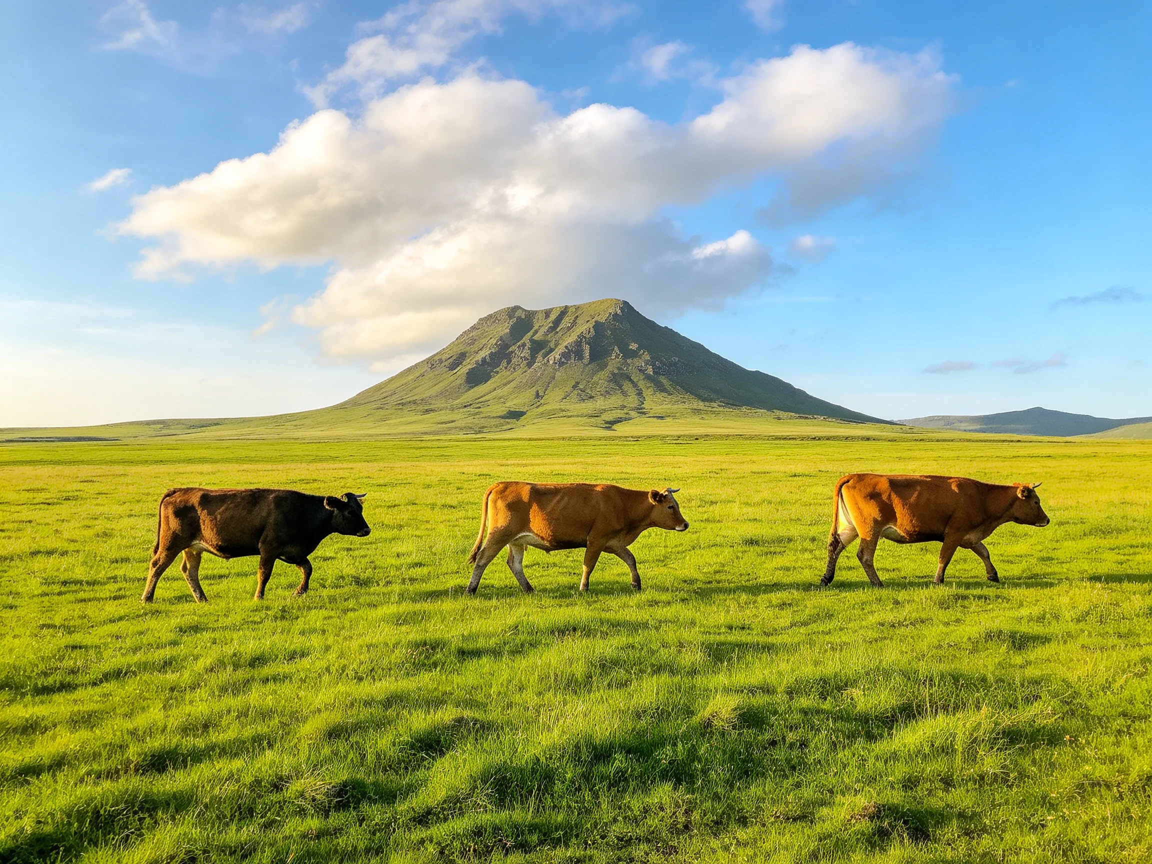 Three cows traverse a vibrant green meadow near a large hill under a bright blue sky