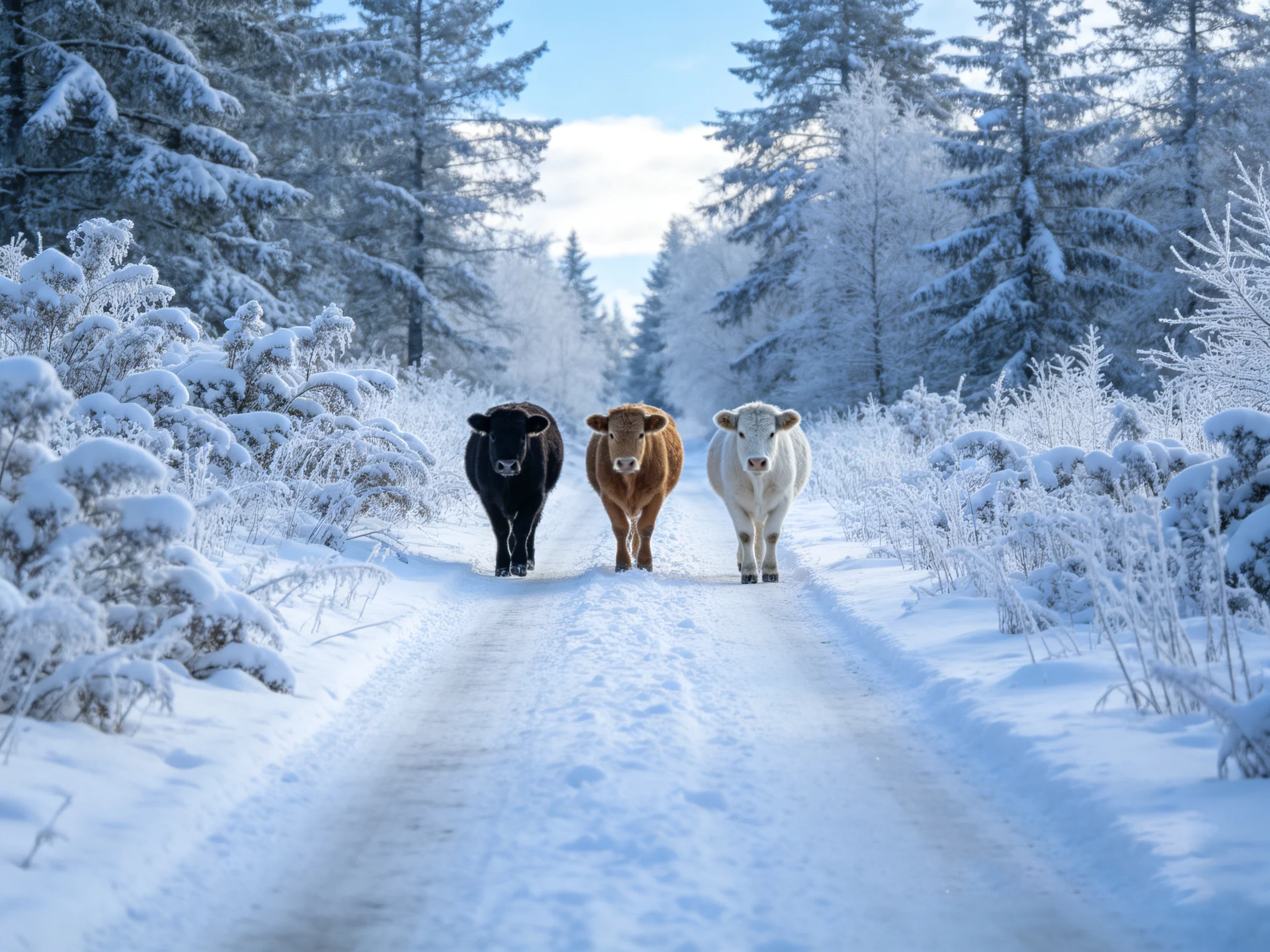 Three cows walk along a snow-covered forest path