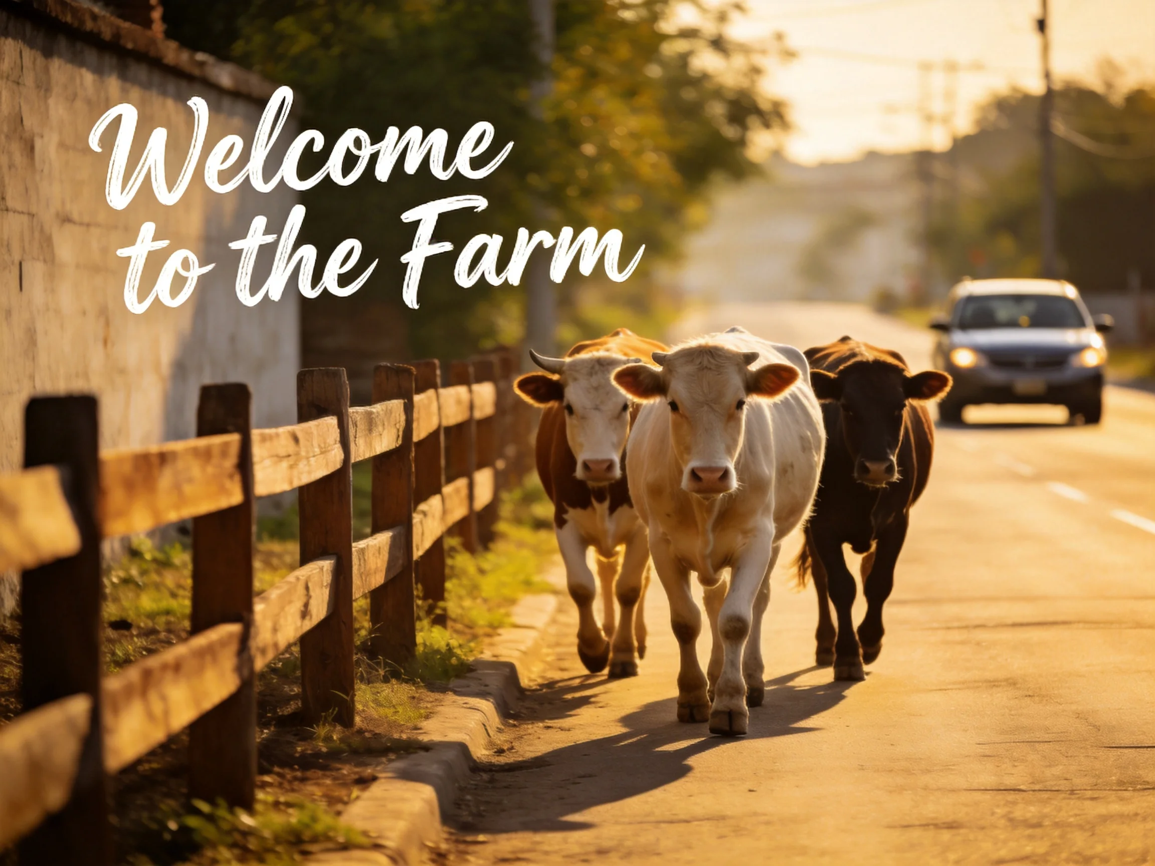 Three cows walk along a sunlit farm road near a wooden fence