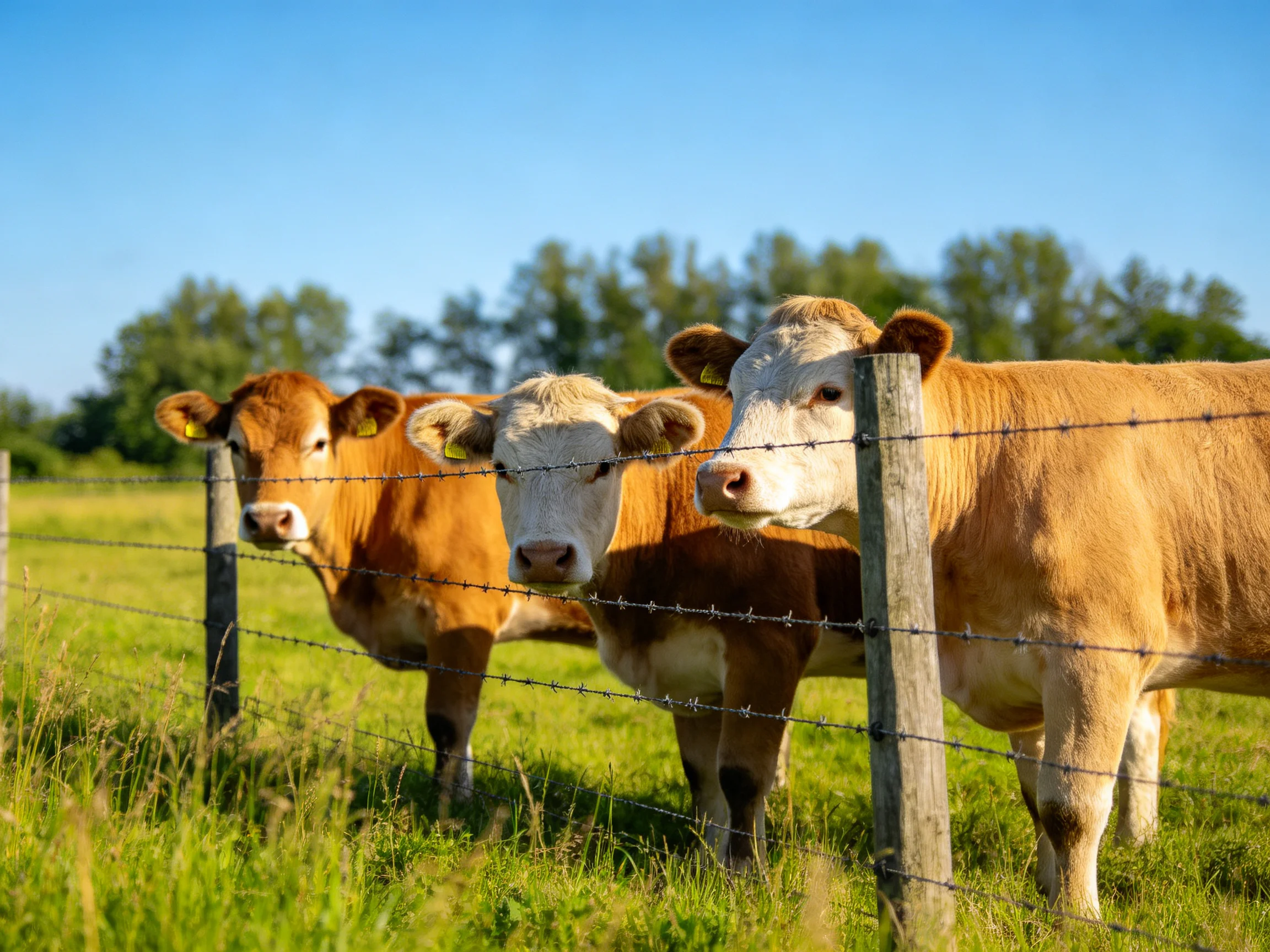 Three cows stand behind a barbed wire fence in a sunlit green pasture.