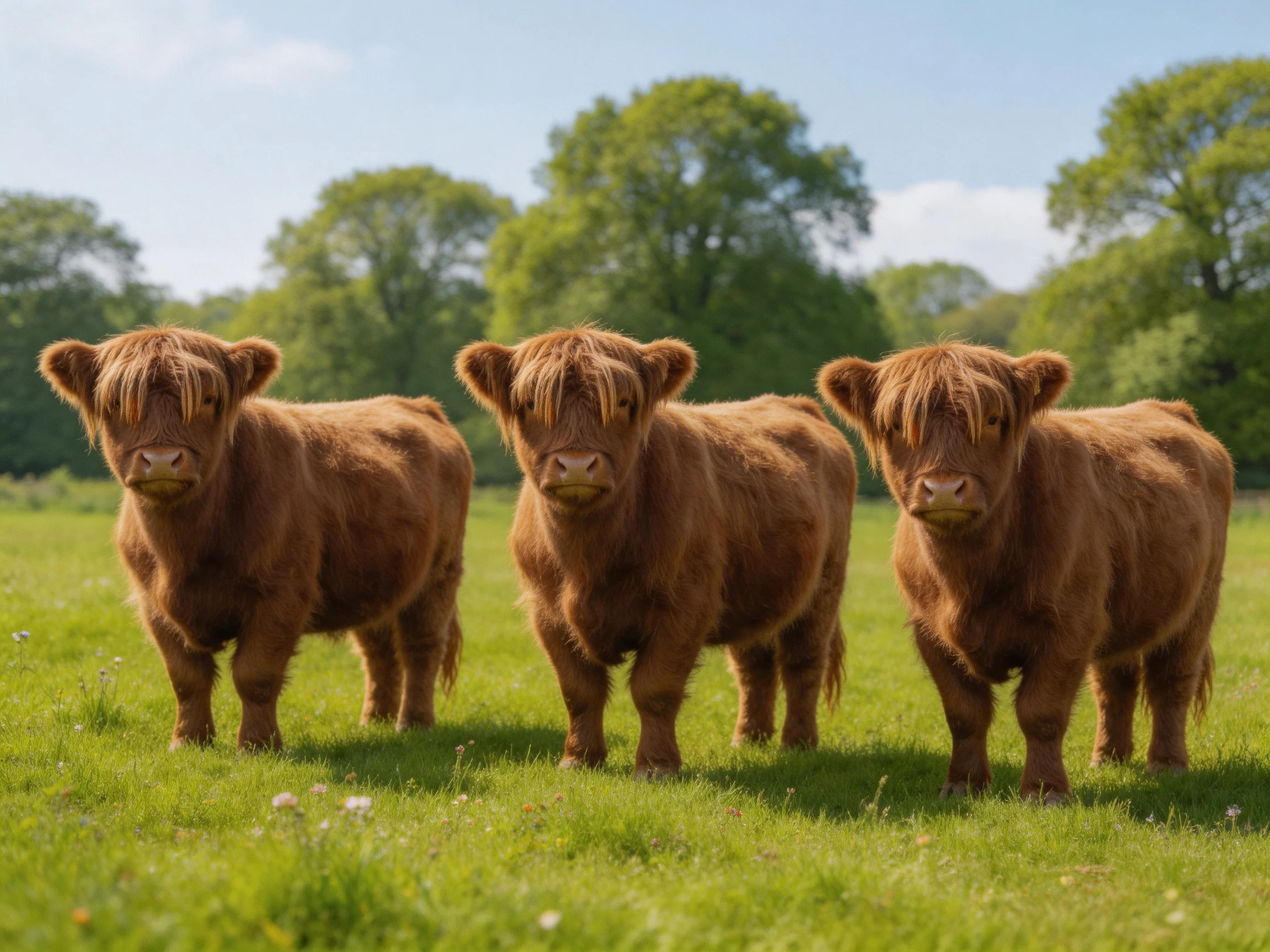 Three fluffy brown calves in a sunlit green pasture