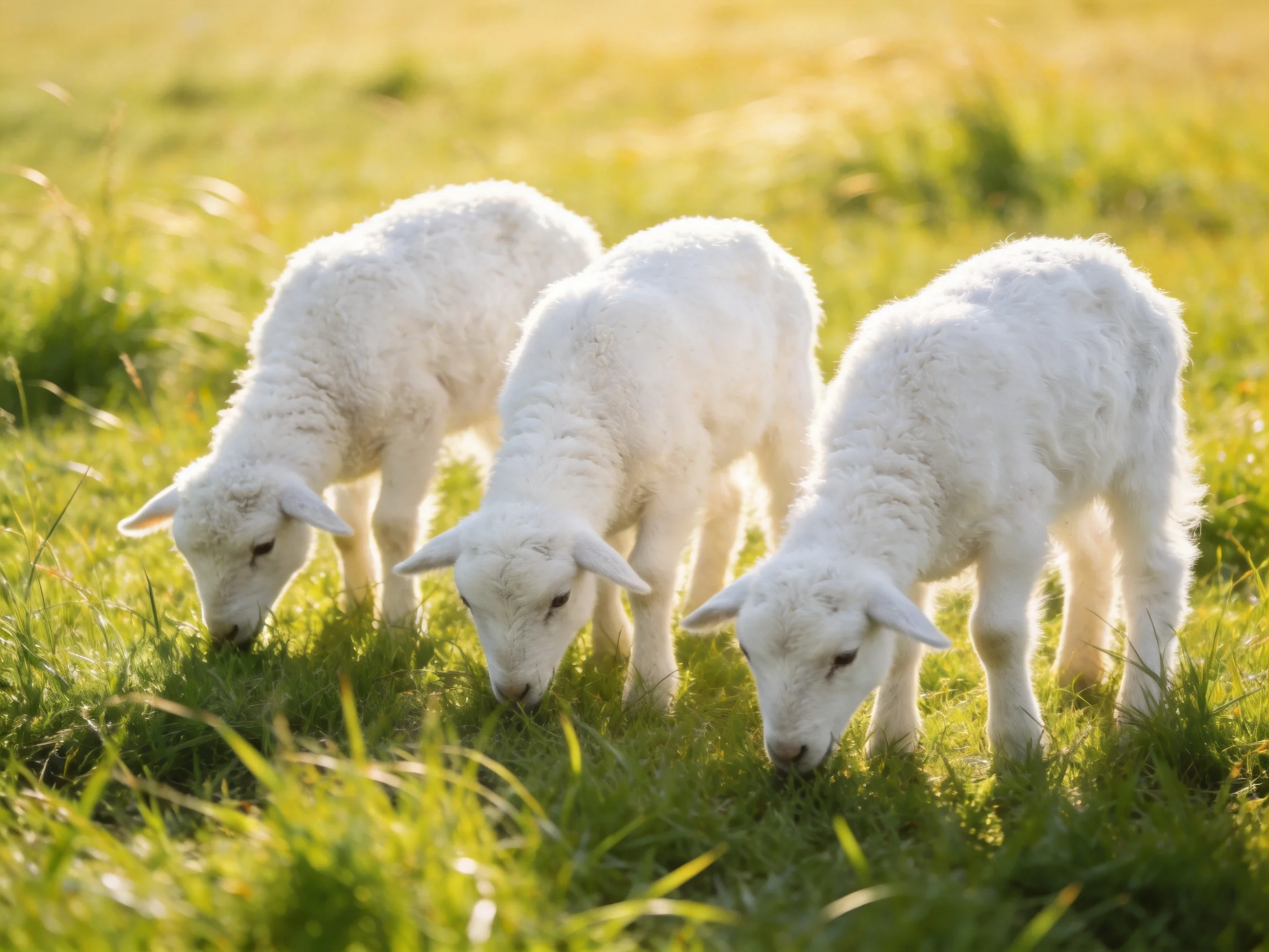 Three fluffy white lambs graze in a sunlit green meadow