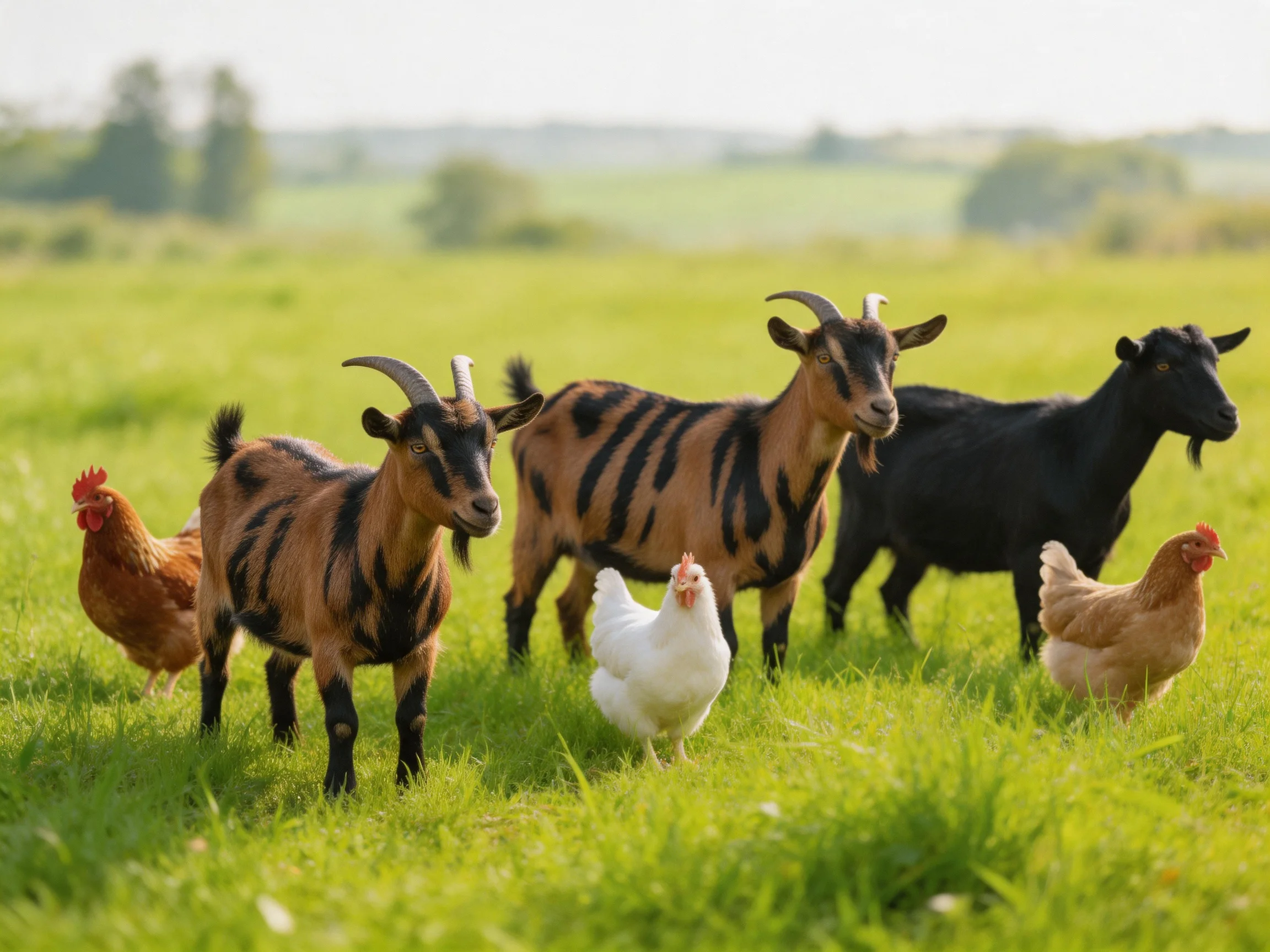Three goats and three chickens graze in a lush green pasture
