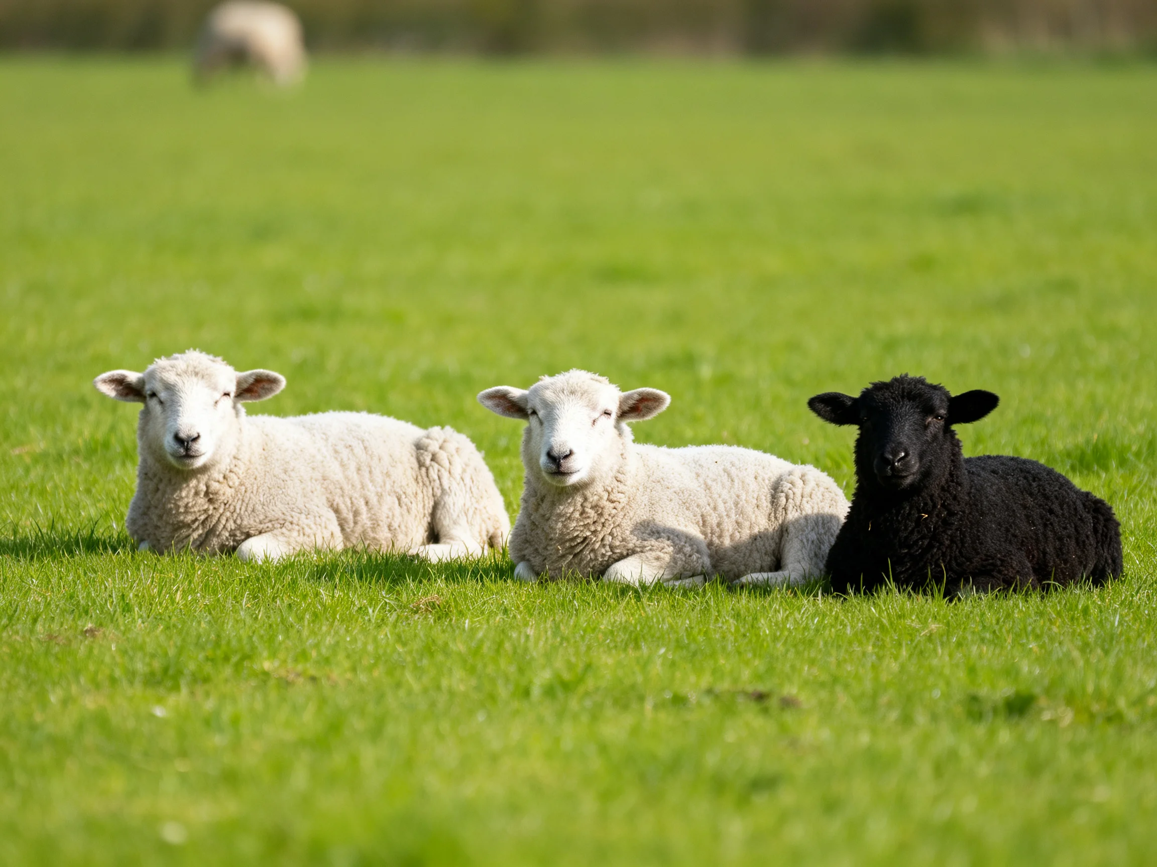 Three lambs rest together in a sunny green pasture.