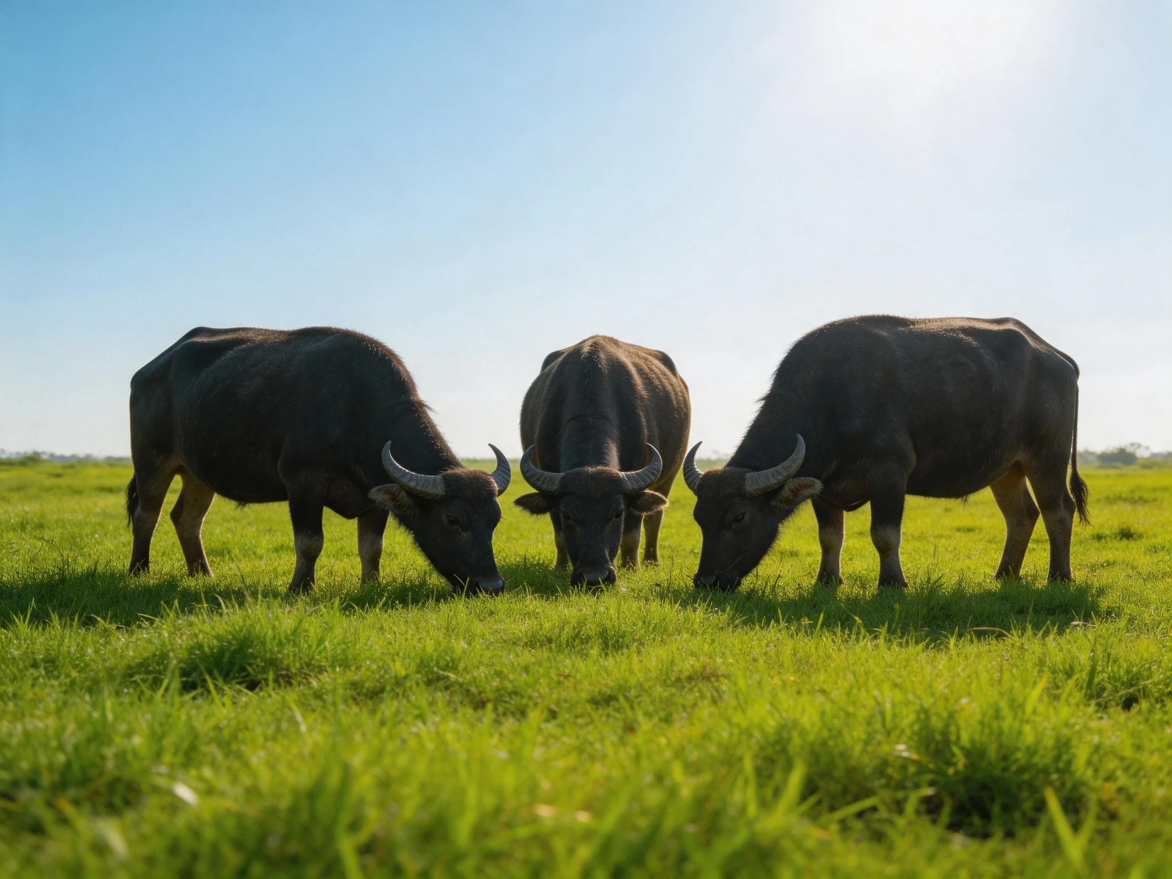 Three large dark buffaloes graze in a vibrant green open field
