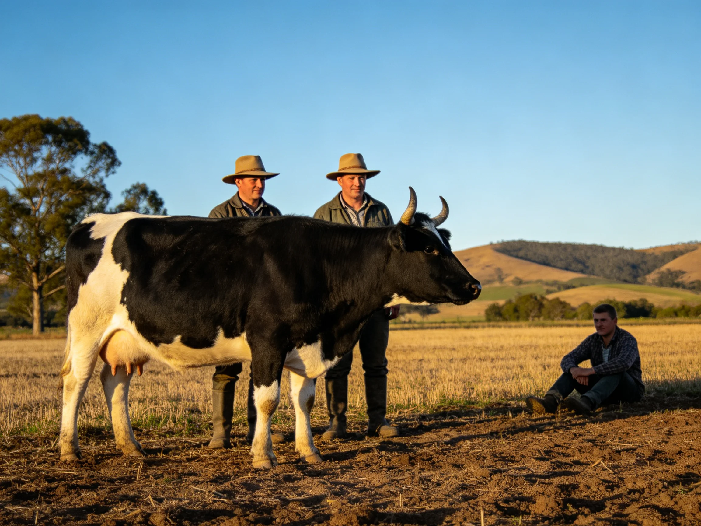 Three men near a black-and-white cow in a golden field with rolling hills