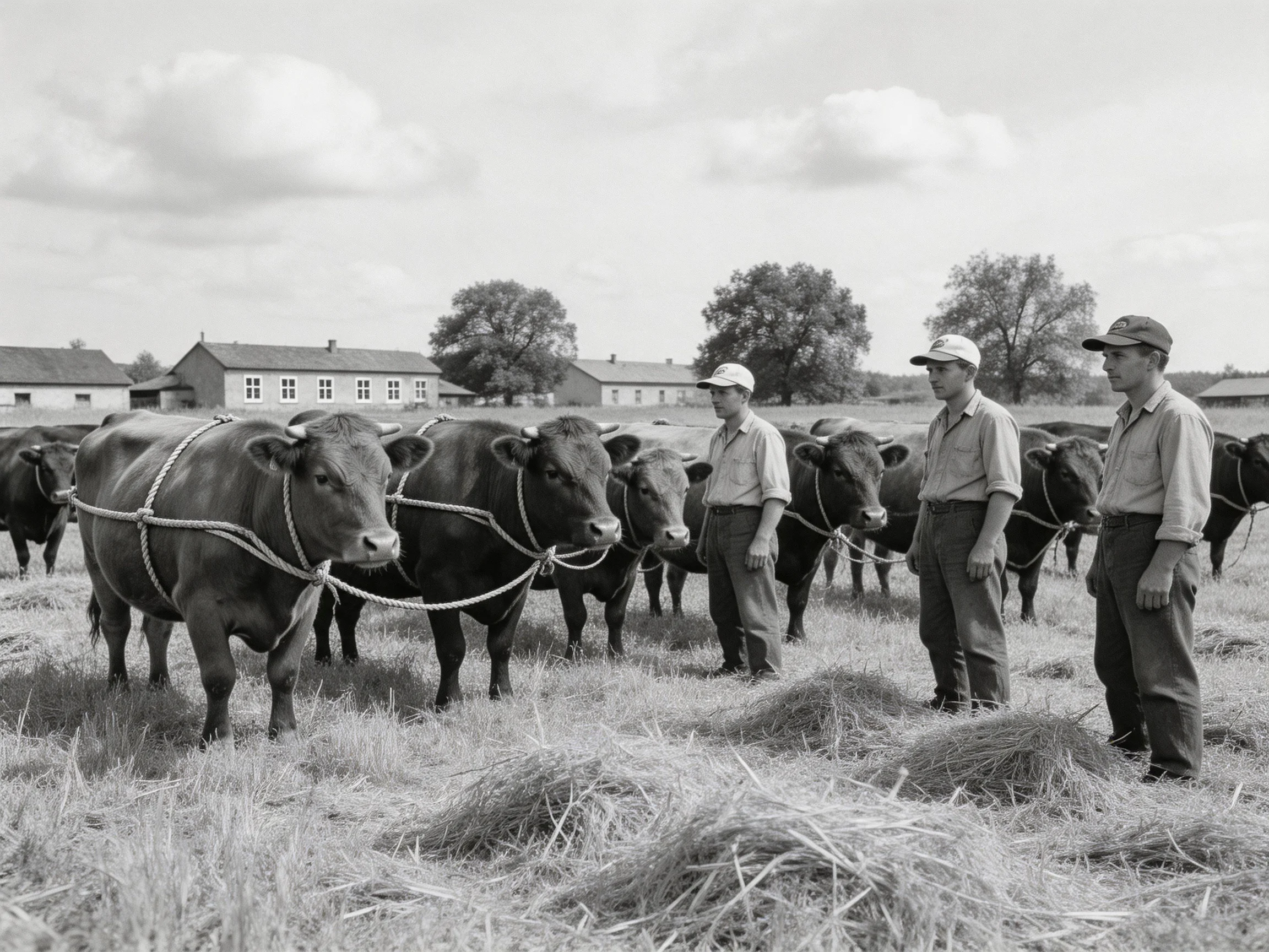 Three men near dark cows in a rural farm field