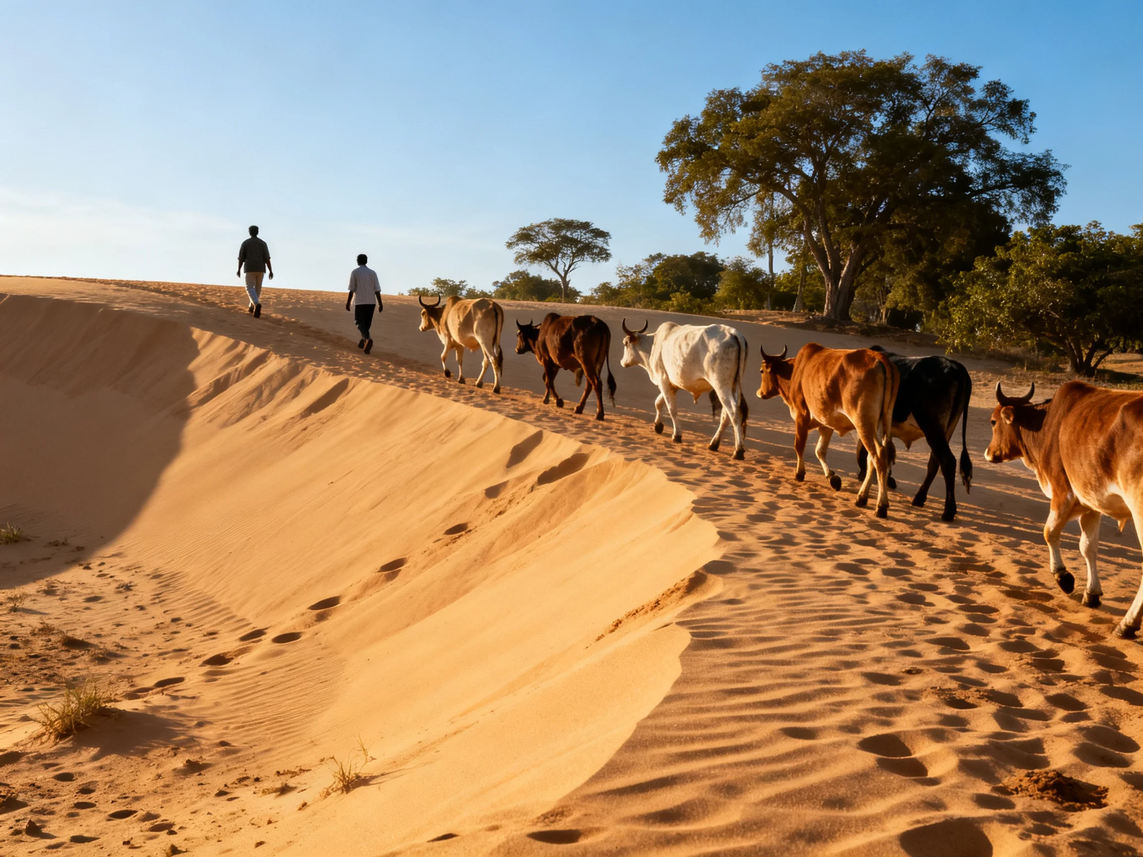 Three people herd eight cattle across golden sand dunes near trees
