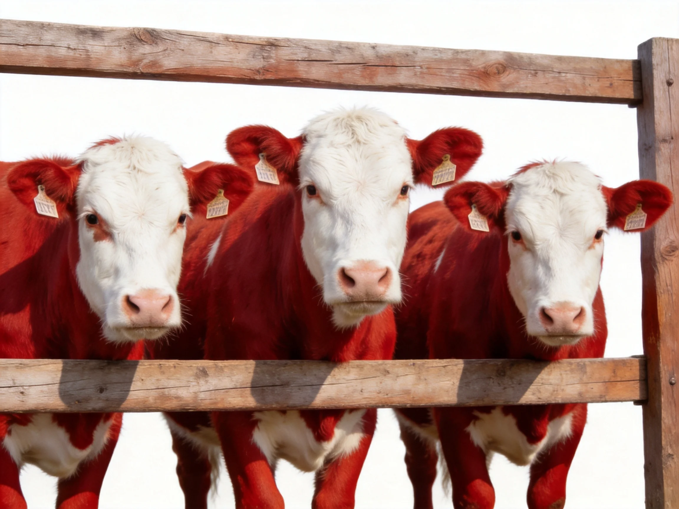 Three red and white calves peek over a rustic wooden fence