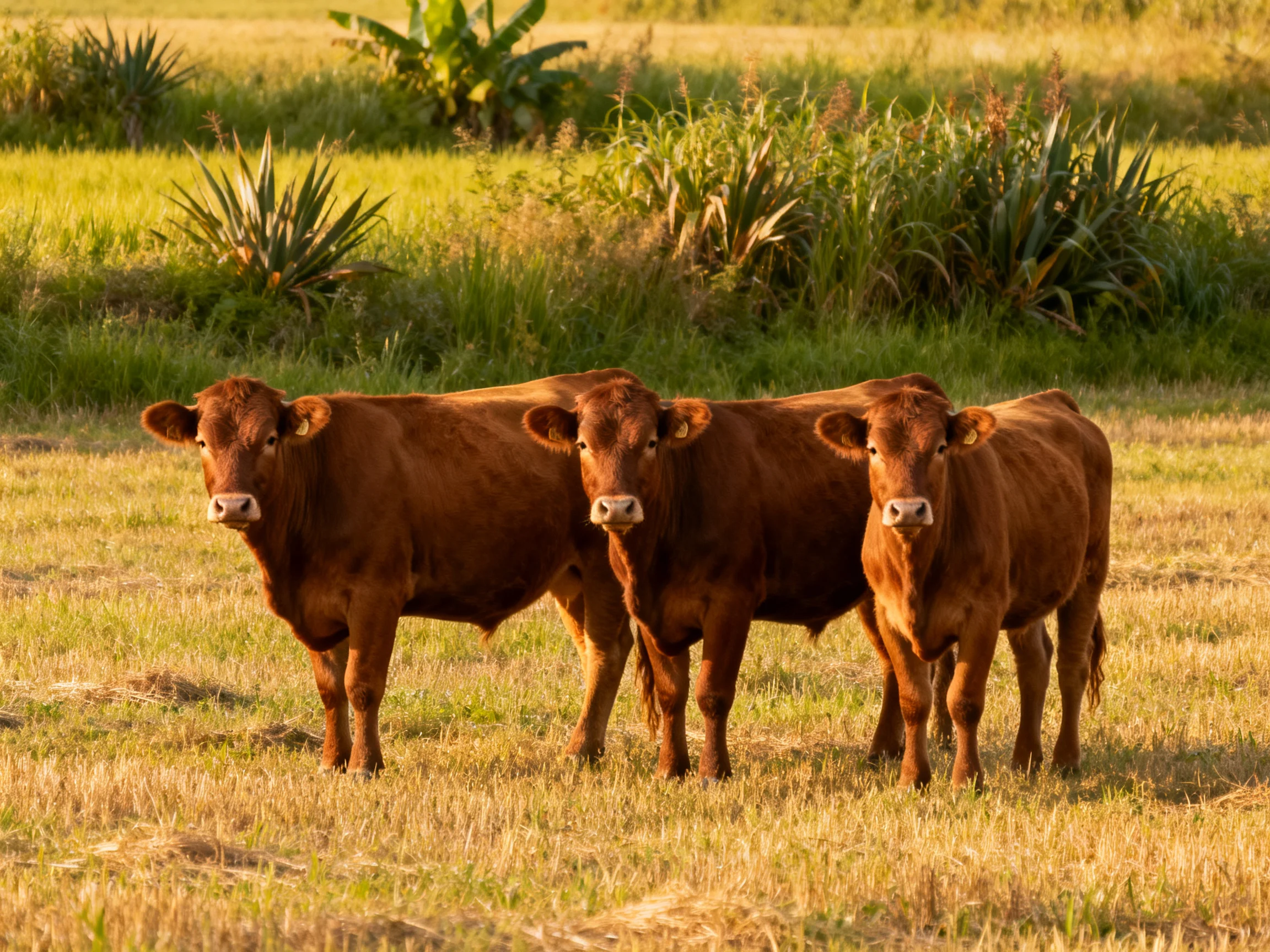 Three reddish-brown cattle stand in a sunlit grassy field