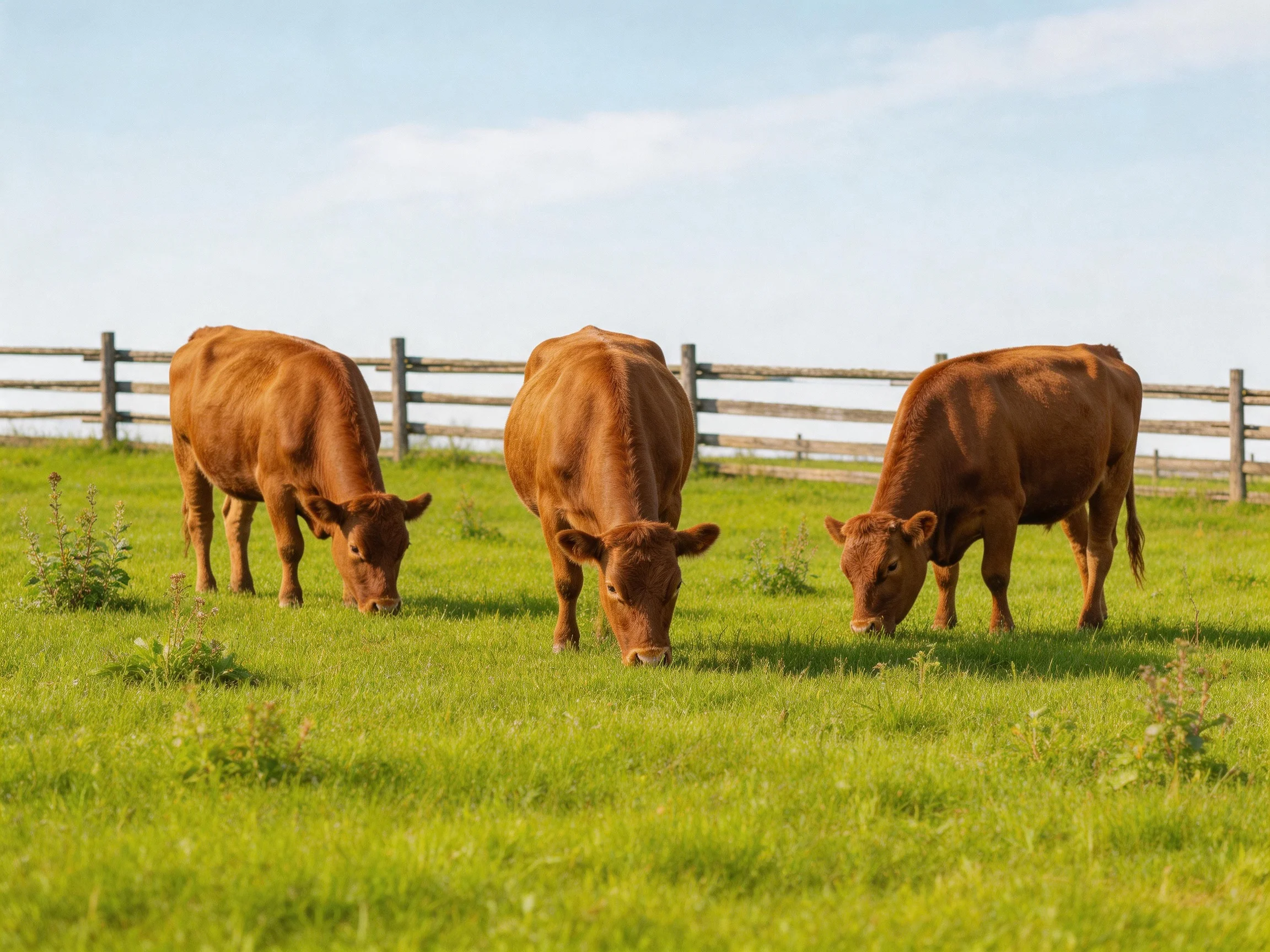 Three reddish-brown cows graze in a lush green pasture near a wooden fence