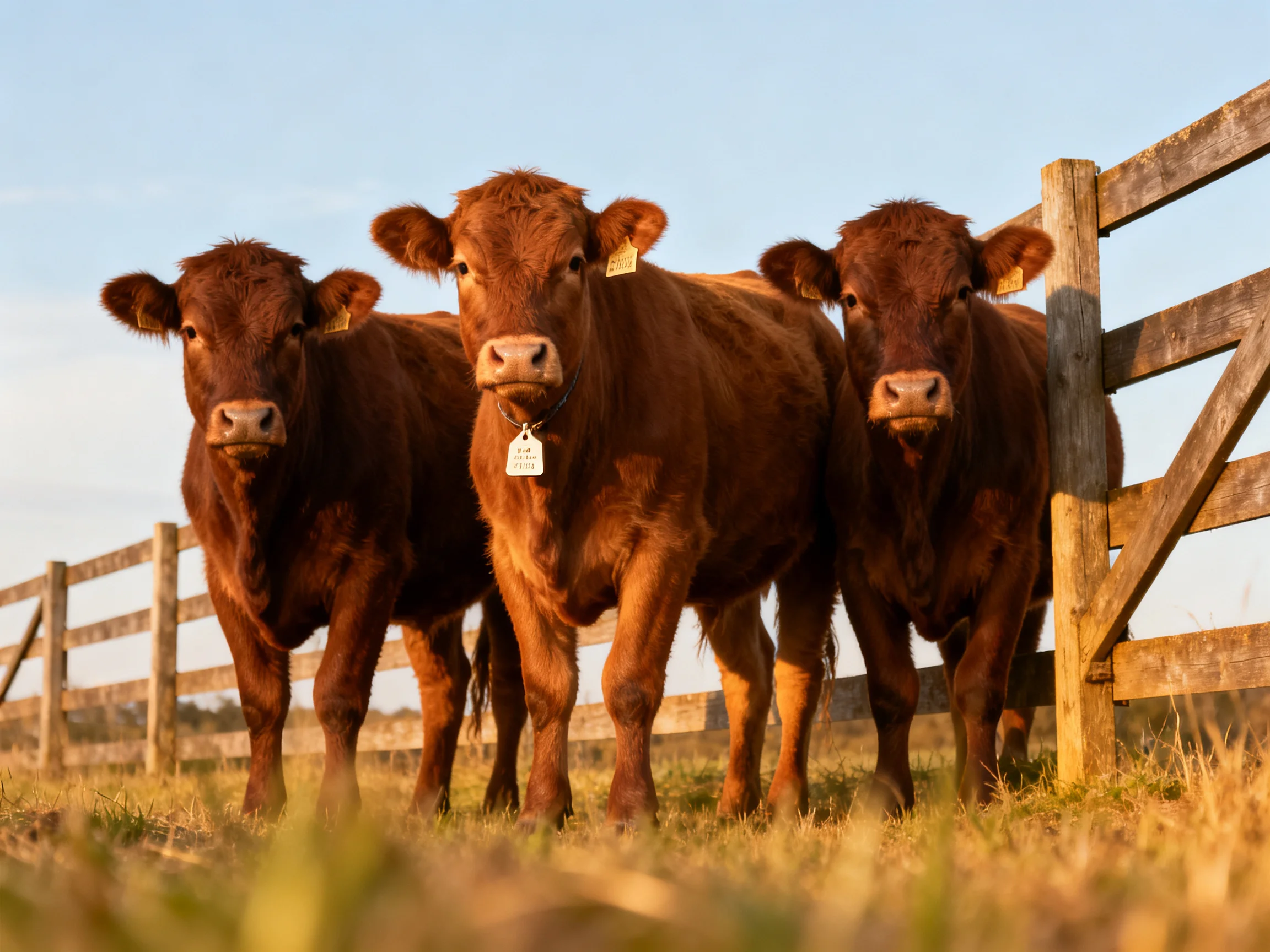 Three reddish-brown cows stand beside a wooden fence in a sunlit area.