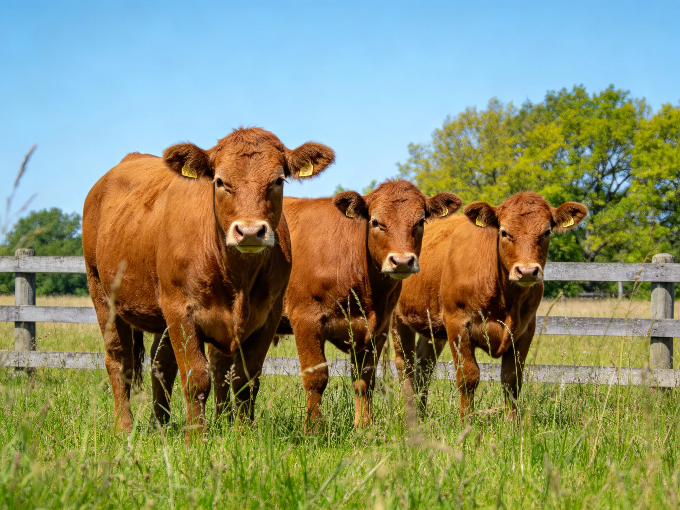 Three reddish-brown cows stand in a grassy field near a wooden fence
