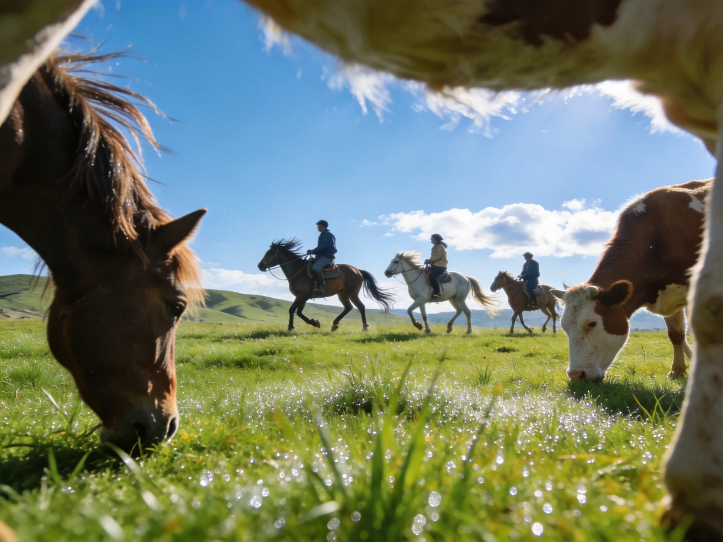 Three riders on horses ride through a vibrant meadow with grazing cattle