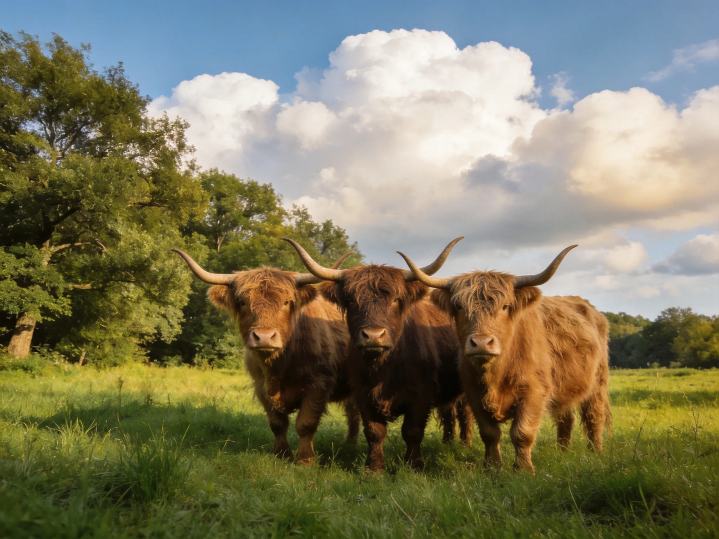 Three shaggy Highland cattle in a sunlit green meadow with trees and clouds