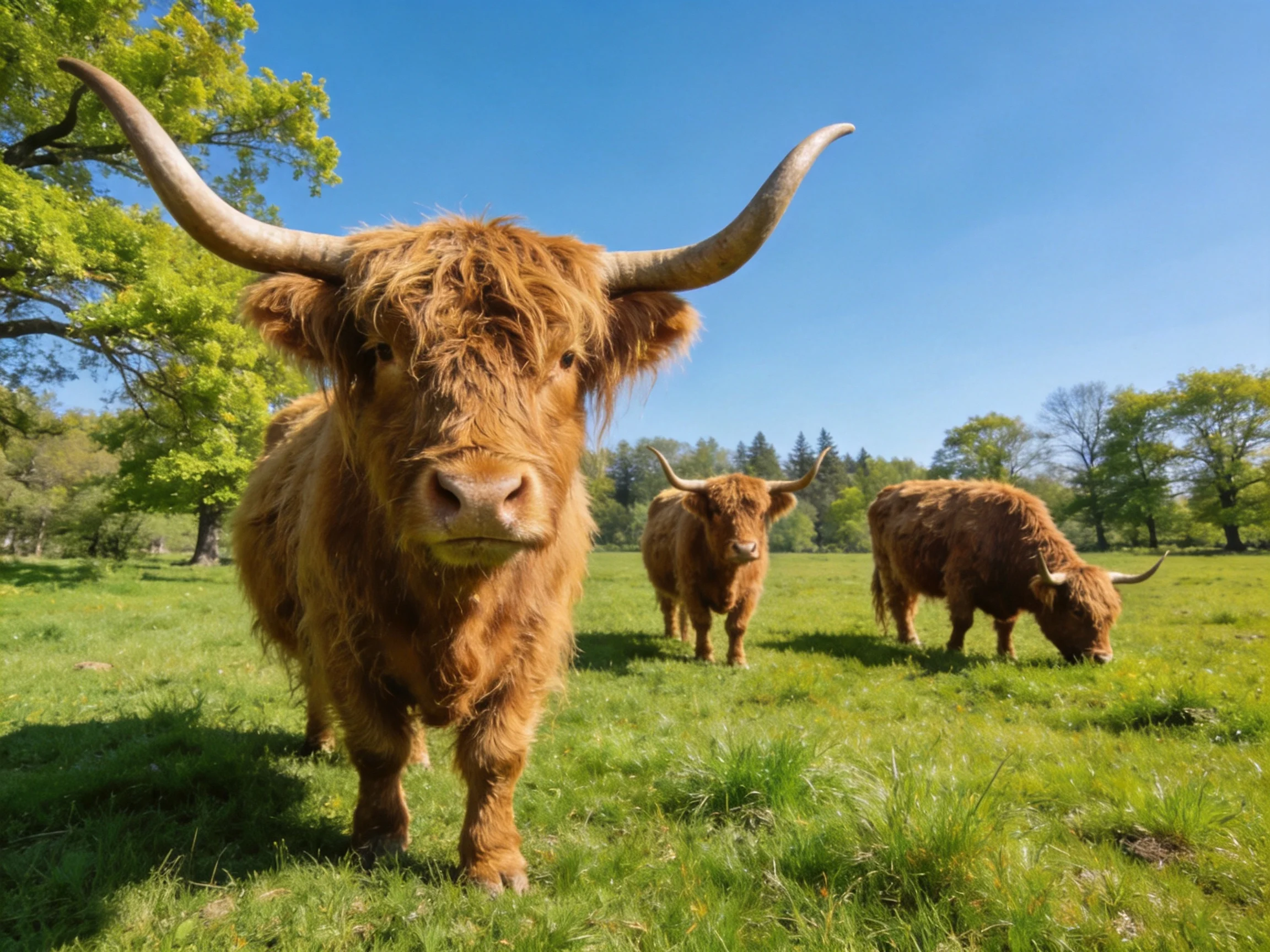 Three shaggy brown Highland cattle graze in a bright green meadow