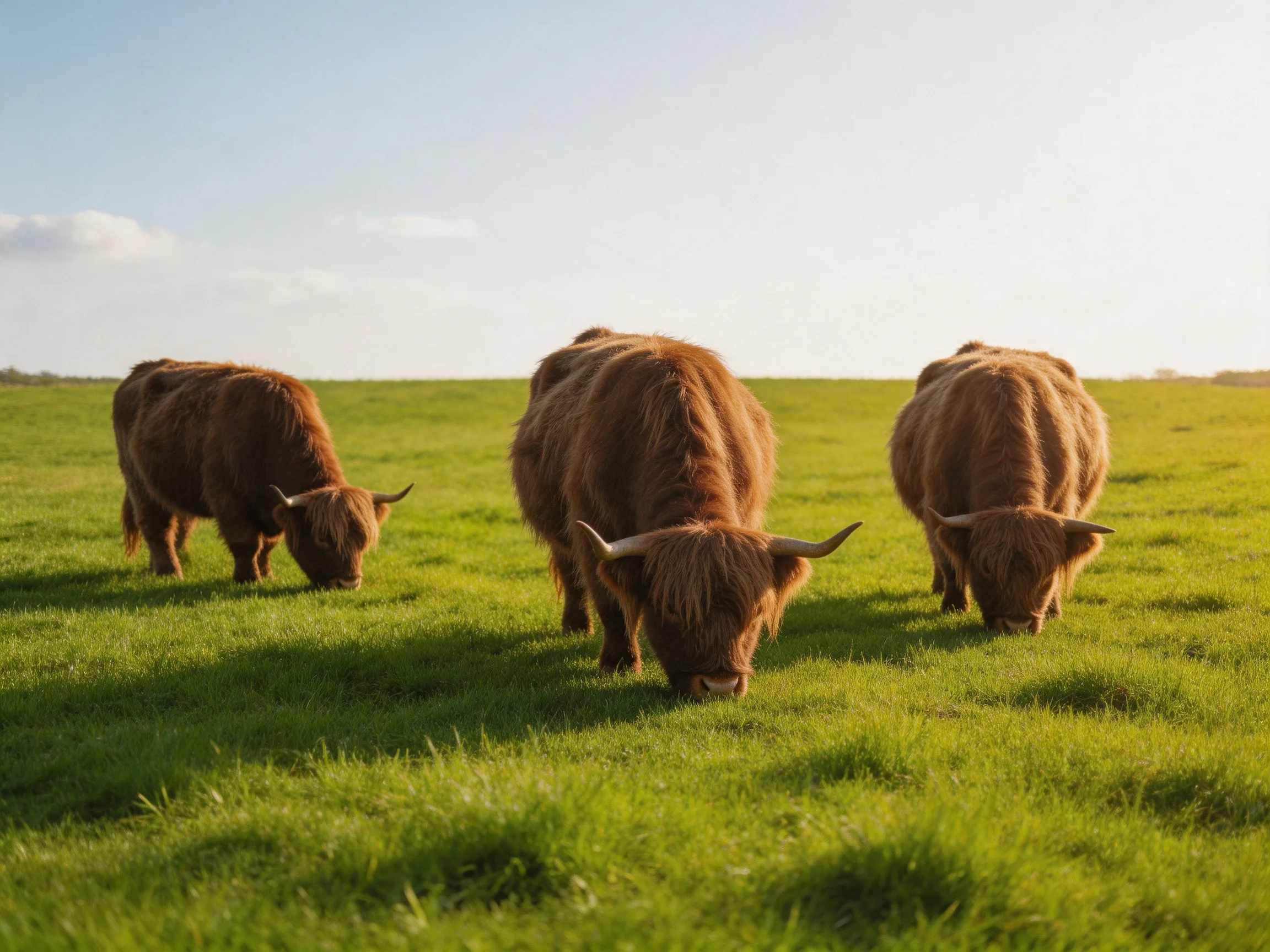 Three shaggy brown Highland cattle graze in a sun-drenched green meadow
