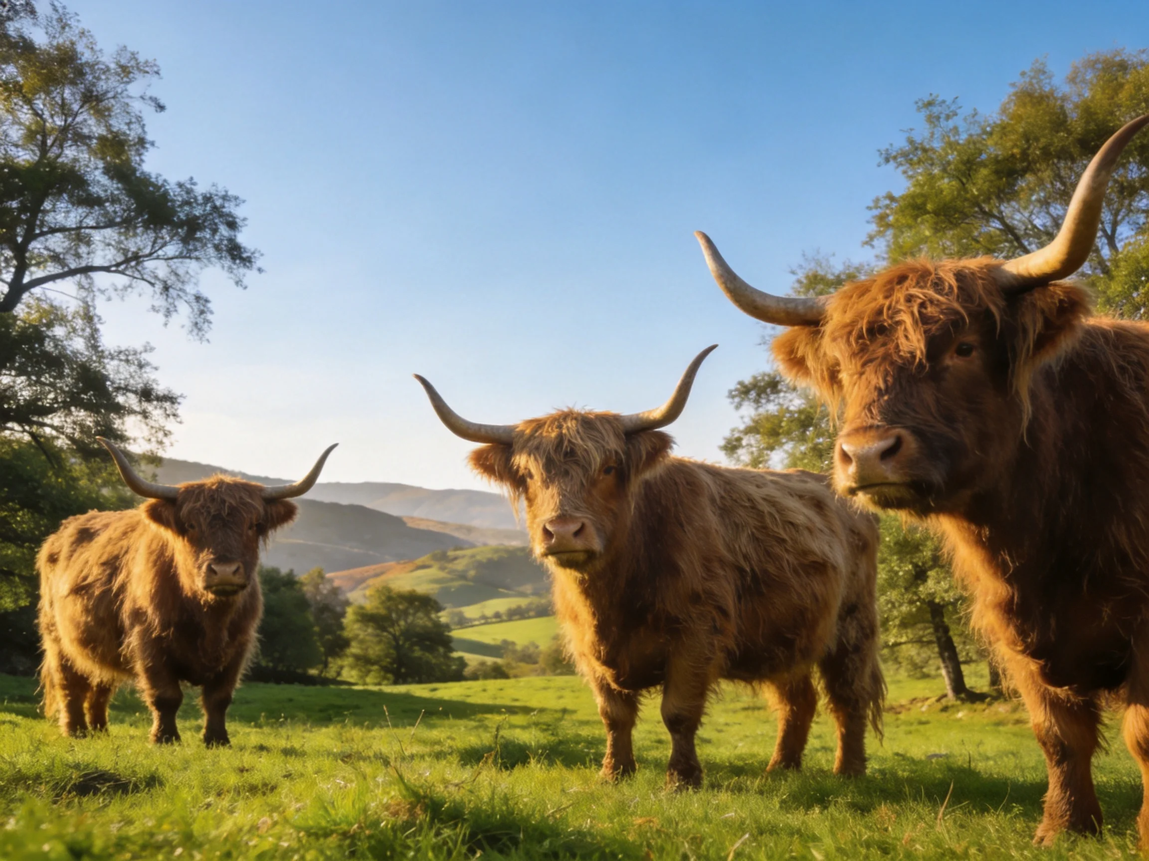 Three shaggy brown Highland cattle graze in a sunlit green meadow