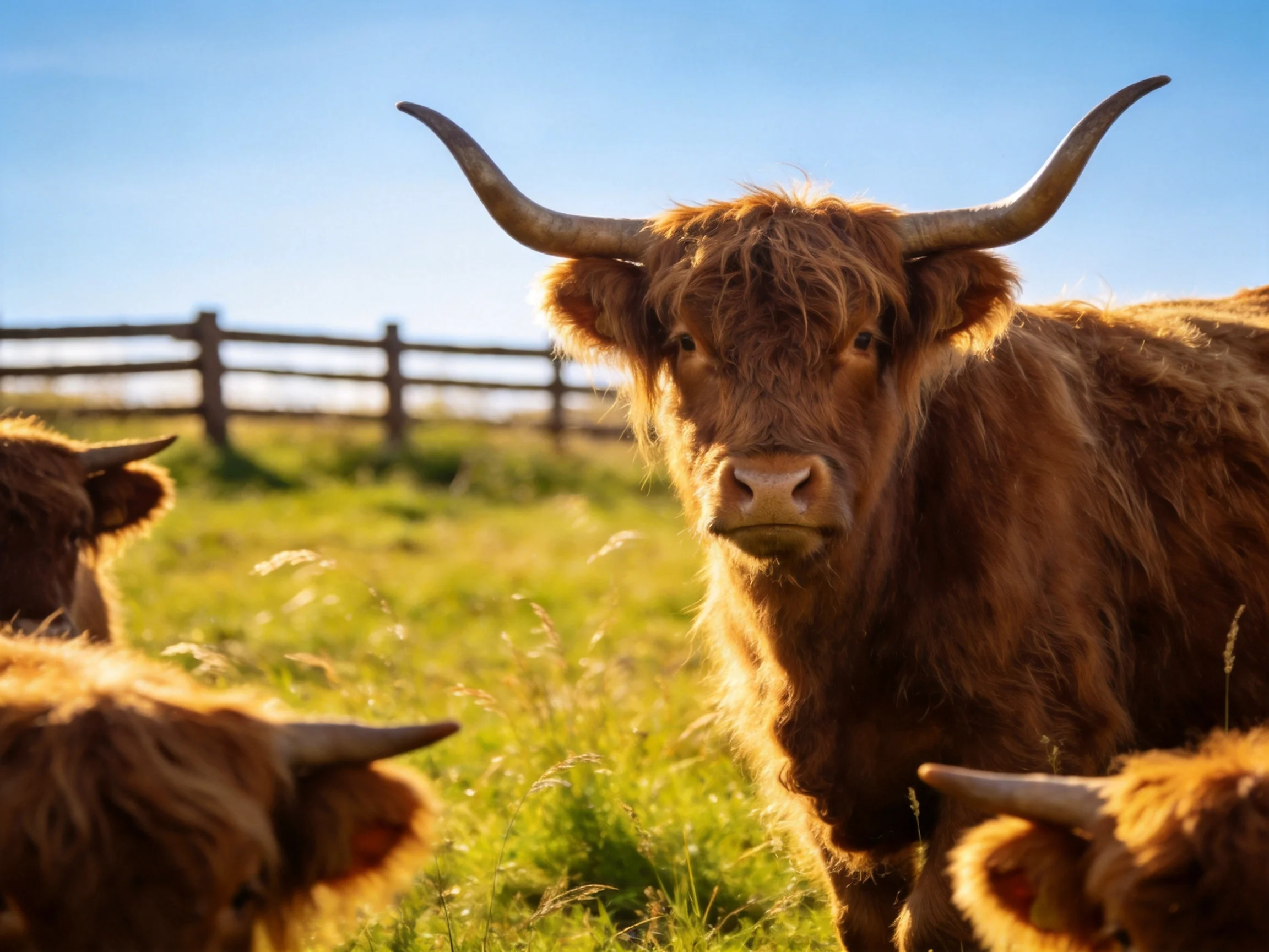 Three shaggy brown Highland cattle in a sunlit green pasture