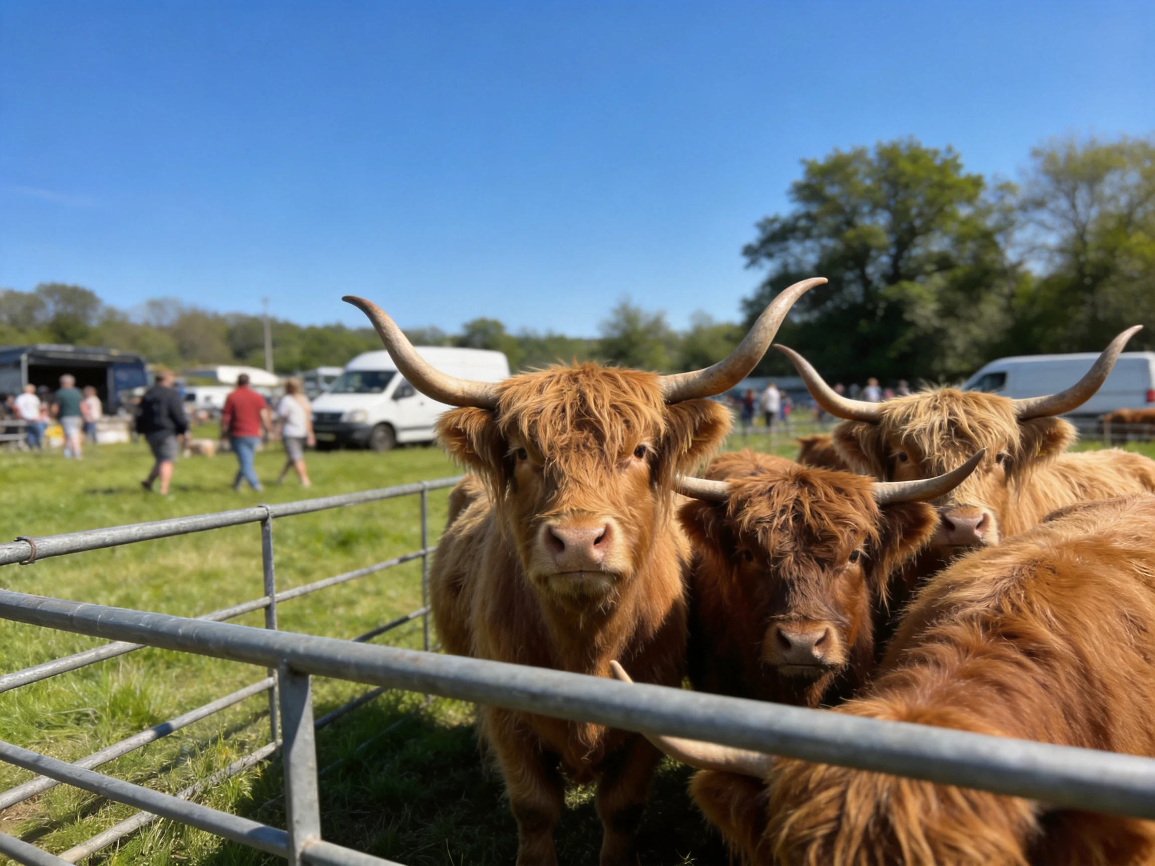 Three shaggy brown Highland cattle near a metal fence in a sunny field