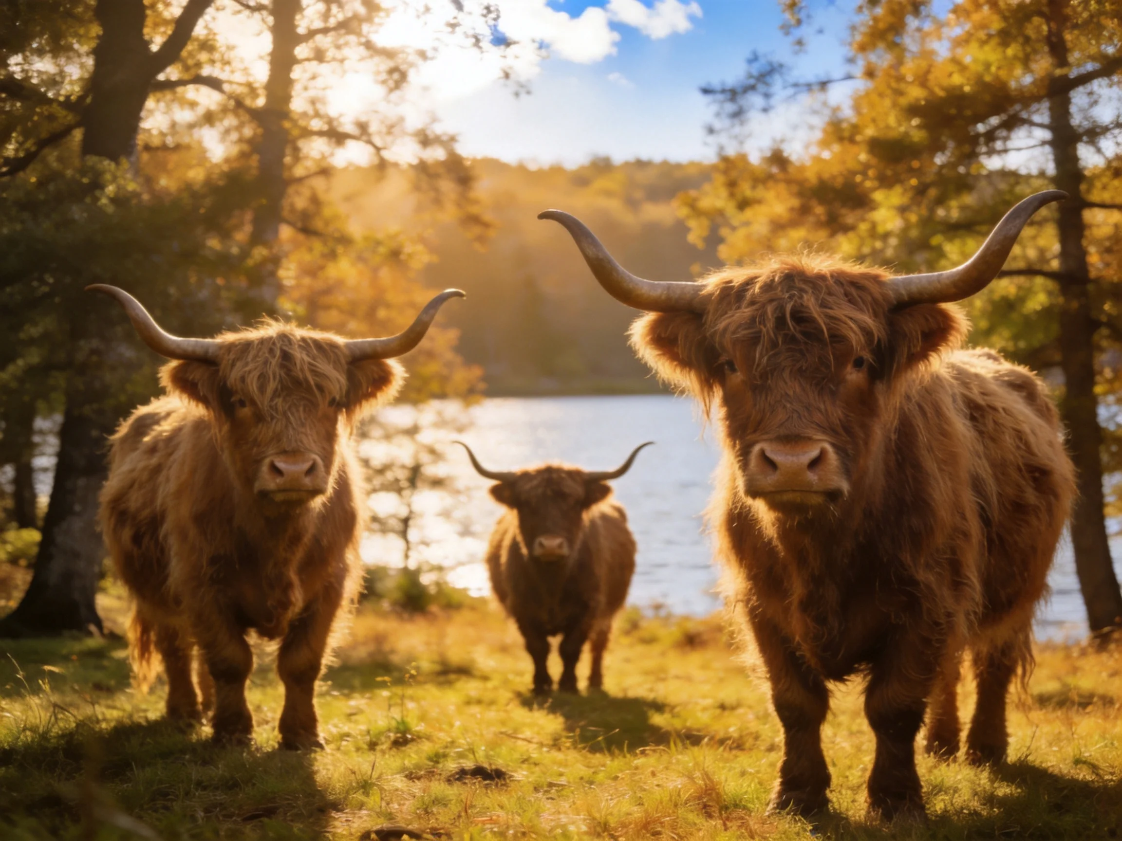Three Highland cattle stand near a sunlit lake in a wooded area
