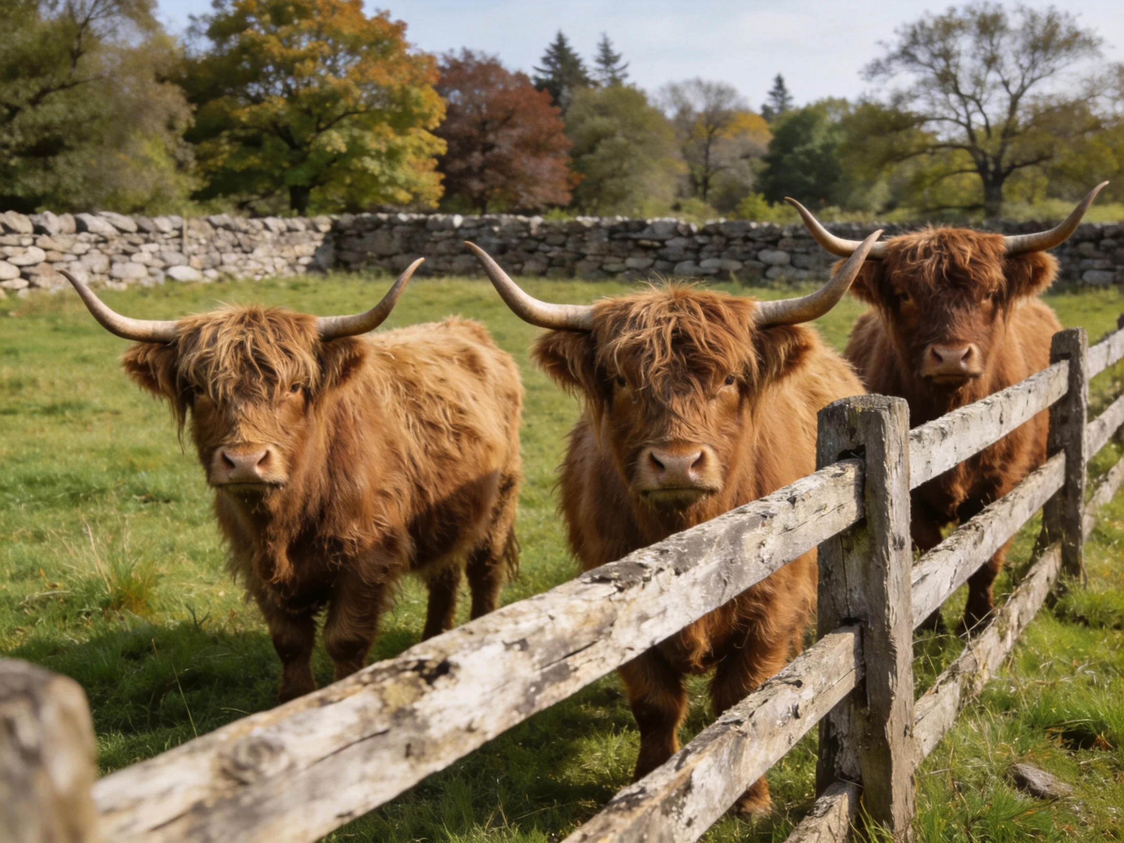 Three shaggy brown Highland cattle near a weathered wooden fence