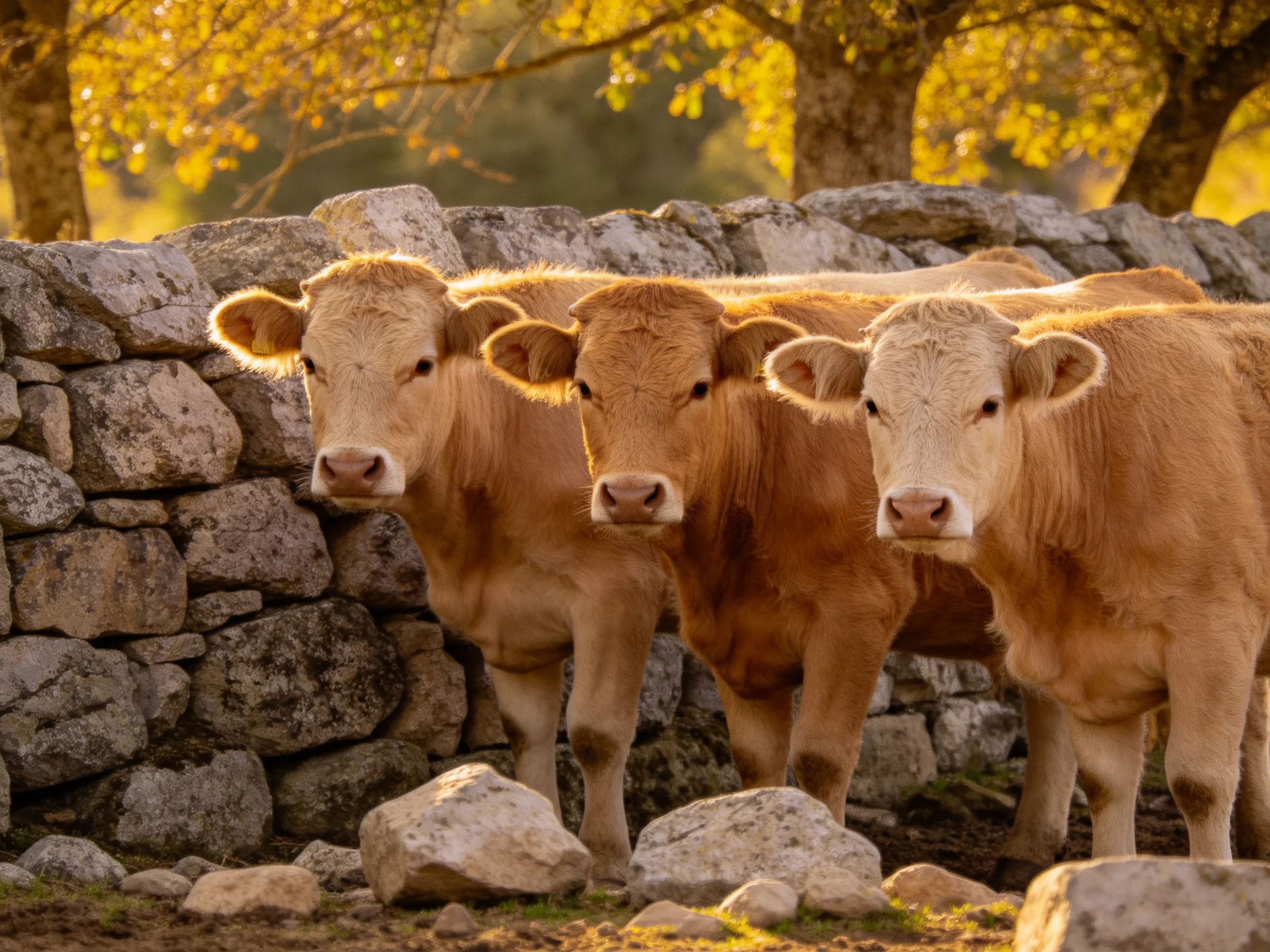 Three tan calves gather by an ancient stone wall under golden sunlight