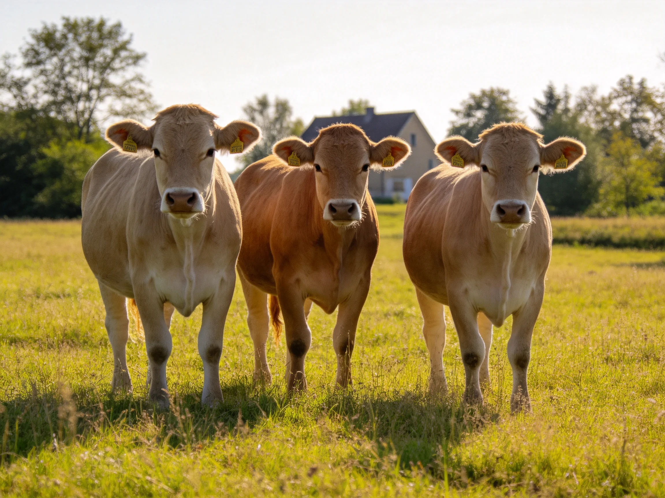 Three tan cows in a sunlit green pasture near a house