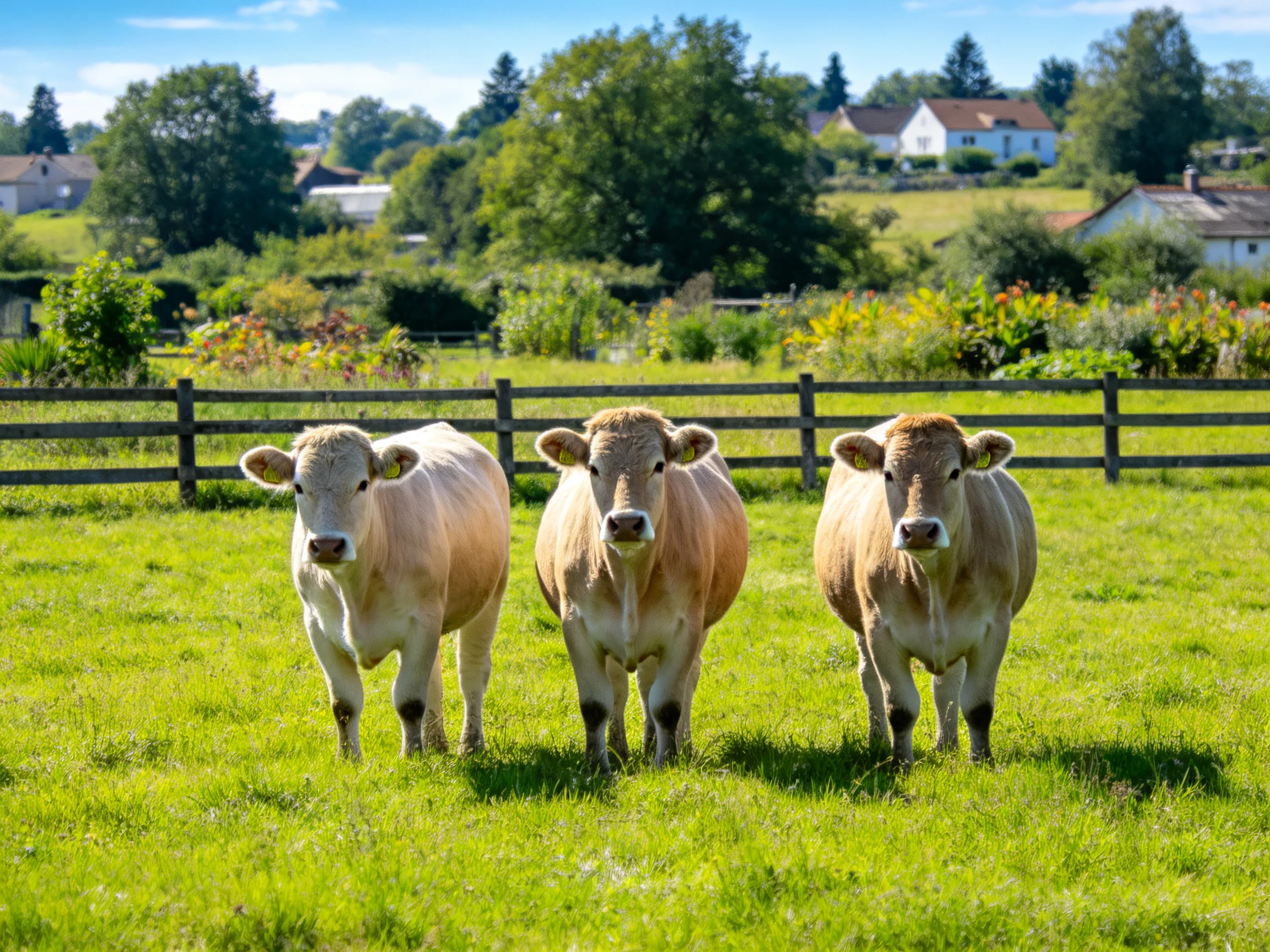 Three tan cows stand in a lush green pasture near a wooden fence